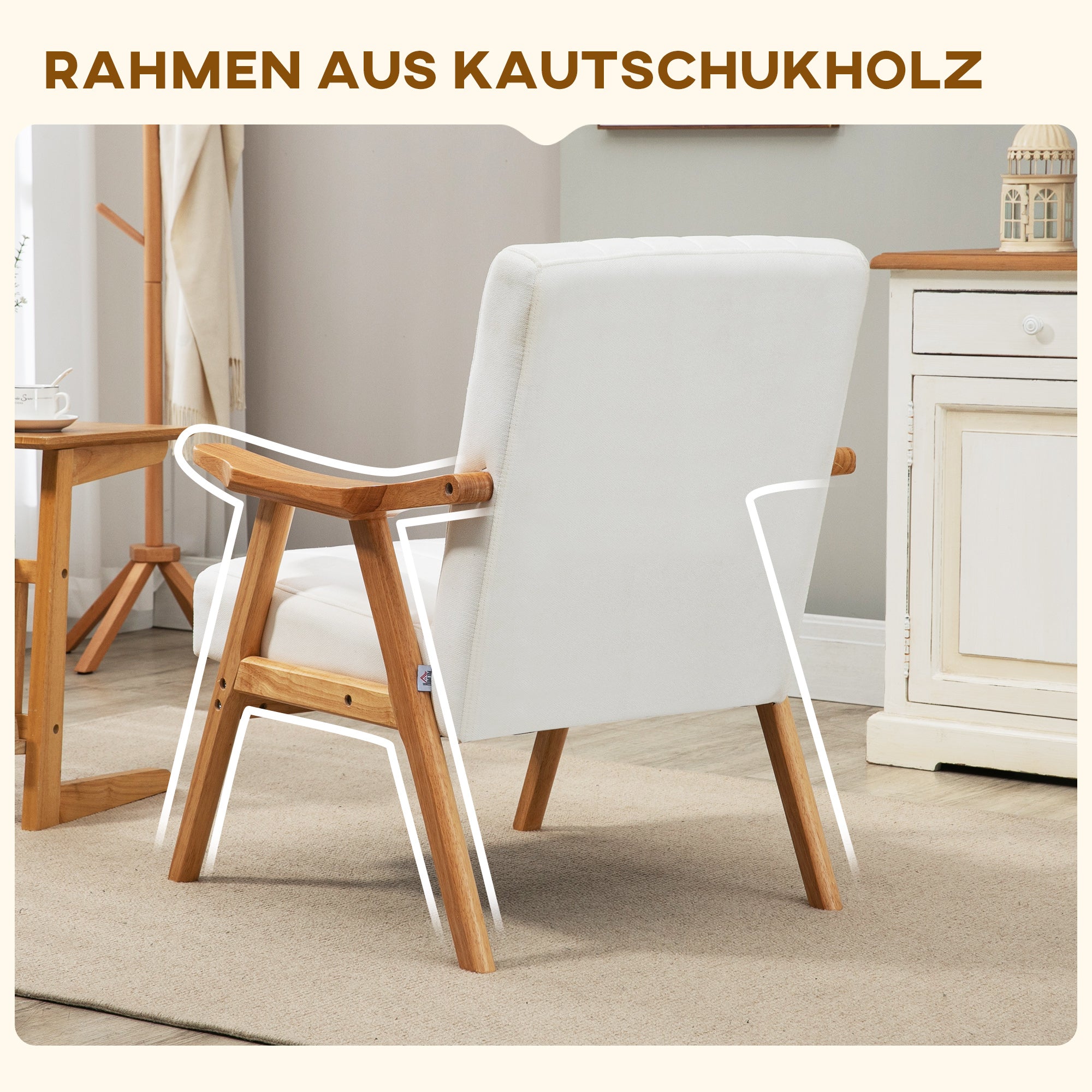 HOMCOM Polstersessel im Skandi-Design, Samtoptik, Massivholzrahmen, 68 x 74 x 82cm, Natur+Creme