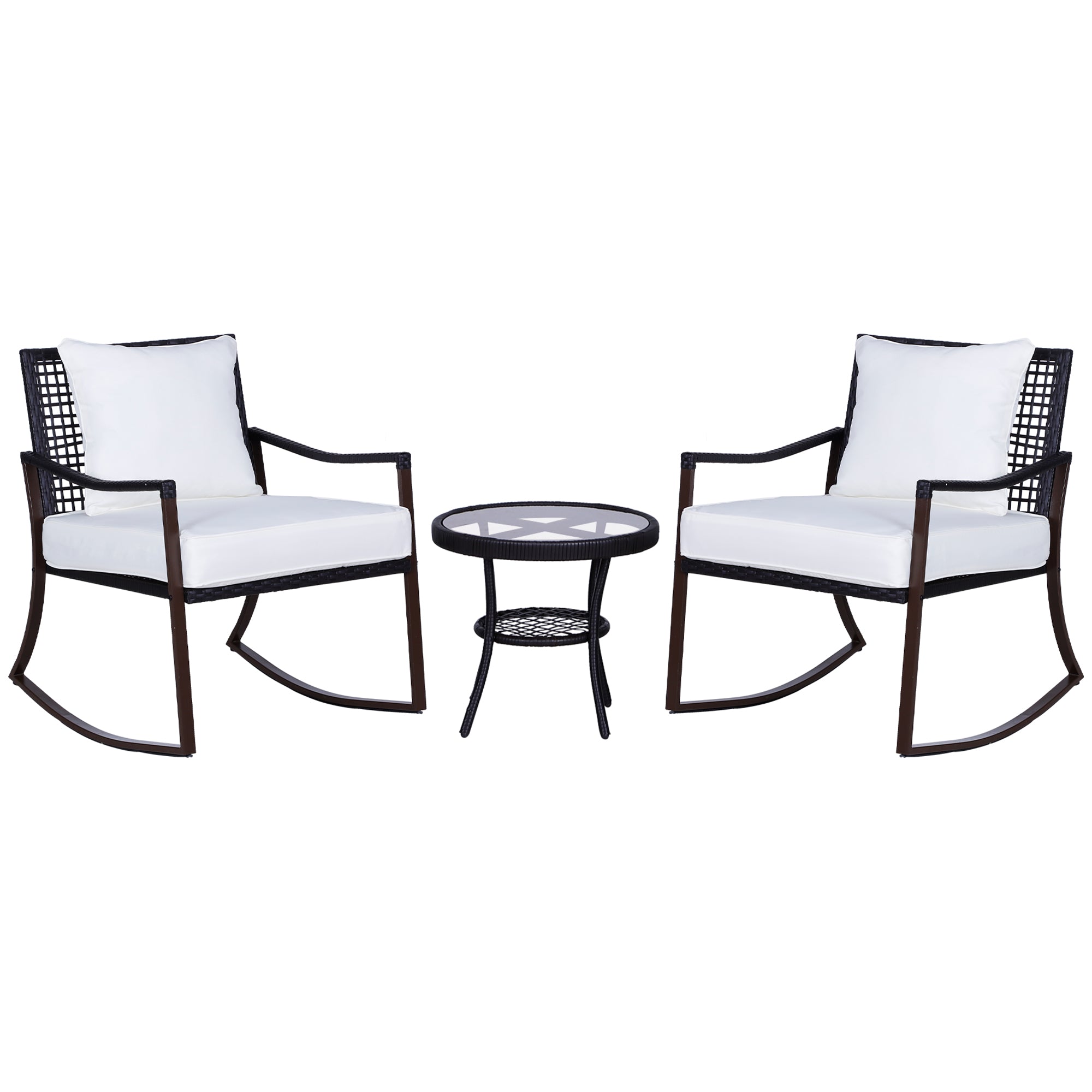Outsunny Gartenmöbel-Set für 2 Personen, 2 Schaukelstühle, 1 Tisch, inkl. Polster, Braun + Weiß
