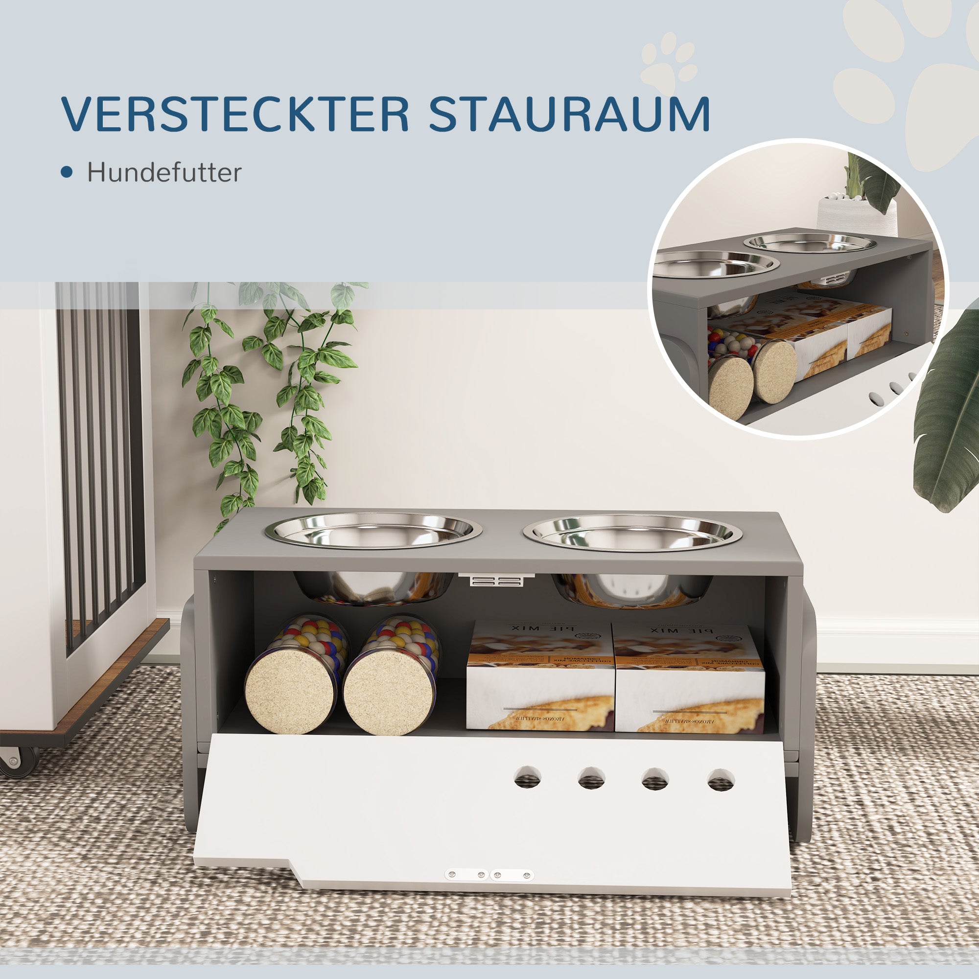 PawHut Erhöhte Fütterungsstation für Hunde, mit Stauraum und Anti-Schling-Matte, 2 x 2000 ml Edelstahlnapf, Grau