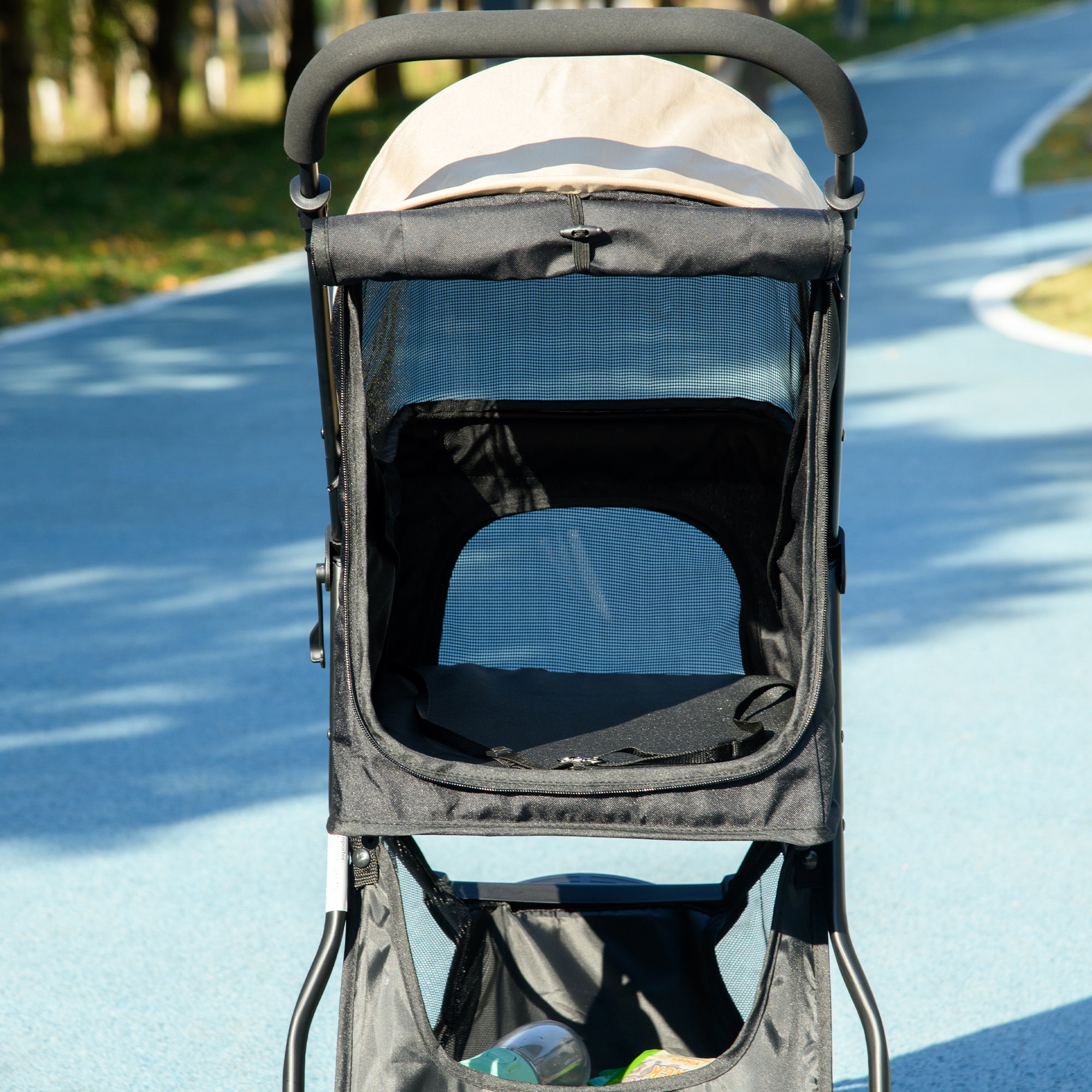 PawHut Haustierbuggy Hundebuggy, klappbar, mit Regenschutz, 2 Getränkehalter, Blau +  Khaki