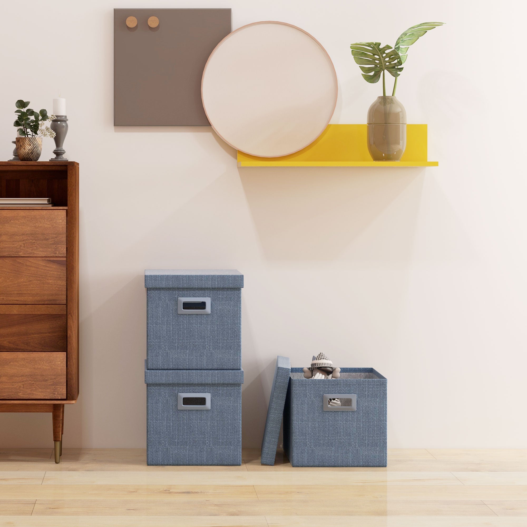 HOMCOM Aufbewahrungsbox Set, abnehmbarer Deckel, Griffe, faltbar, stapelbar, Leinenimitat, Blau