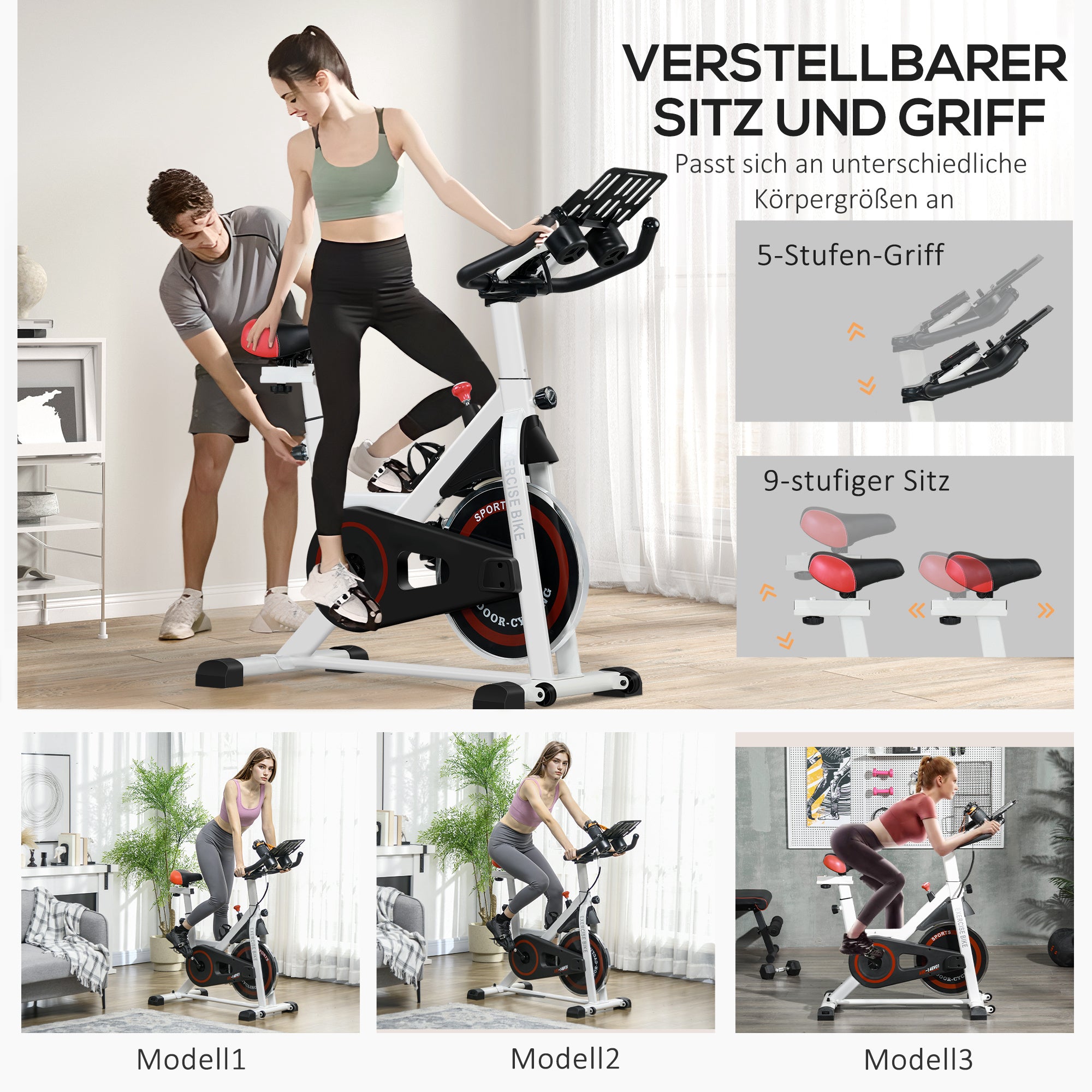 HOMCOM Ergometer, einstellbarer Widerstand, bis 120kg, Stahl, L103xB53xH100-114cm, Weiß/Schwarz