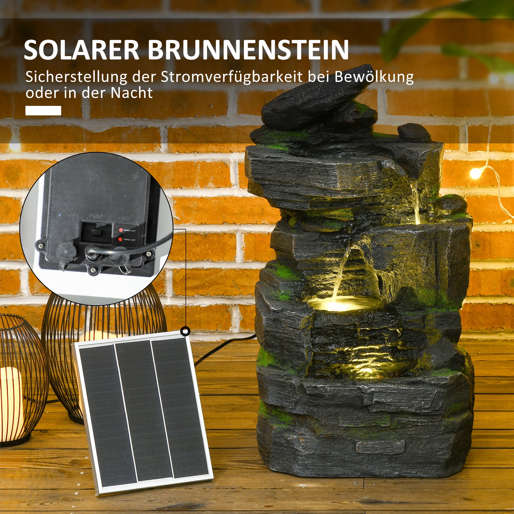 Outsunny Gartenbrunnen, Steinoptik, 4-stufig, Solarbetrieb, LEDs, 57cm Höhe, Kunstharz, Grau/Braun