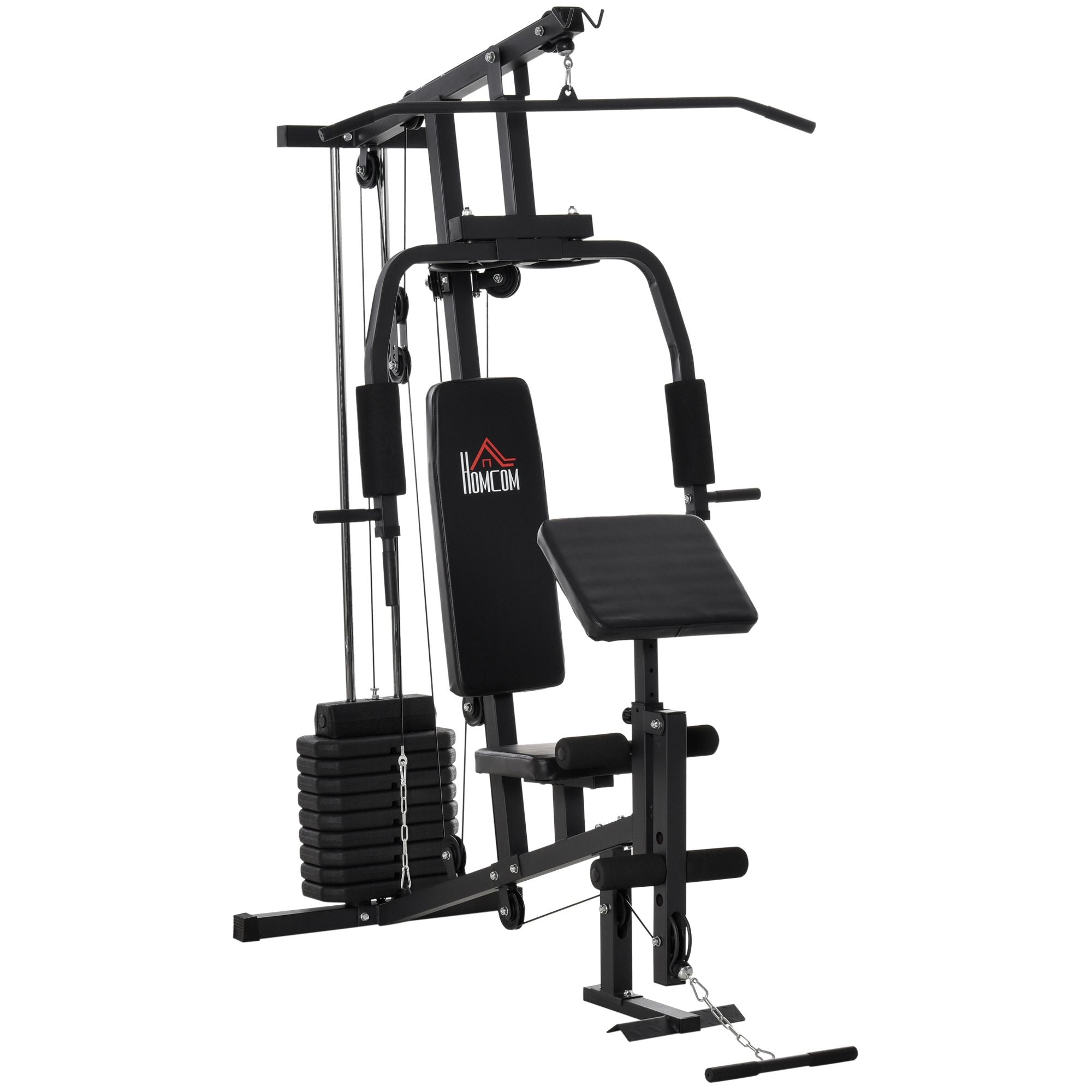 HOMCOM Kraftstation für Zuhause Fitnessstation mit Latzuggerät, Kabelzug, kurzer Bizepsstange, Brustpresse, Beintrainer, Butterfly-Maschine 45kg Gewichten Multifunktion Fitnessstation Schwarz