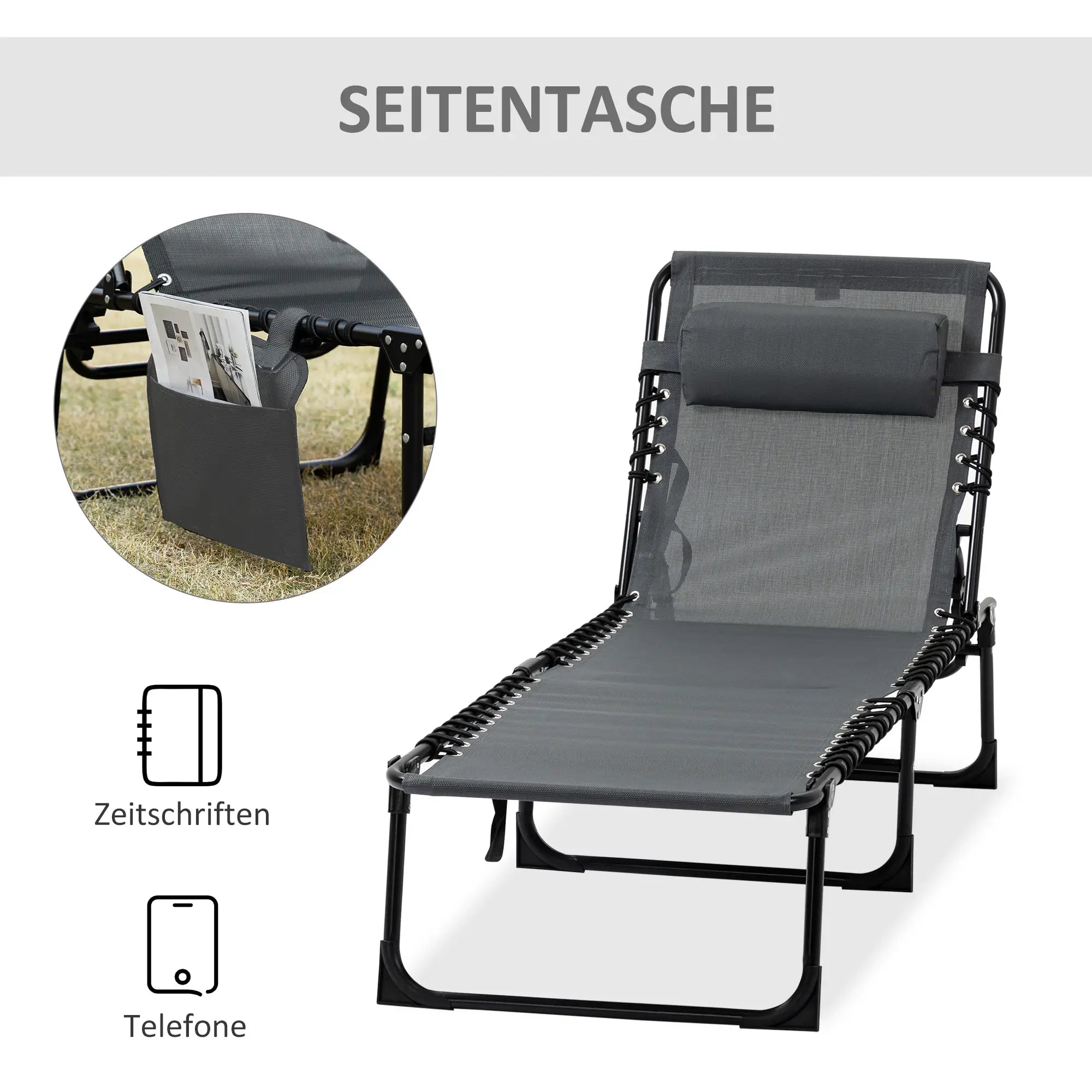 Outsuuny Sonnenliege klappbar Gartenliege mit Kopfkissen, Seitentasche, Liegestuhl mit 5-Fach verstellbare Rückenlehne, wetterfeste Campingliege bis 120 kg belastbar, für Garten Strand Pool, Grau