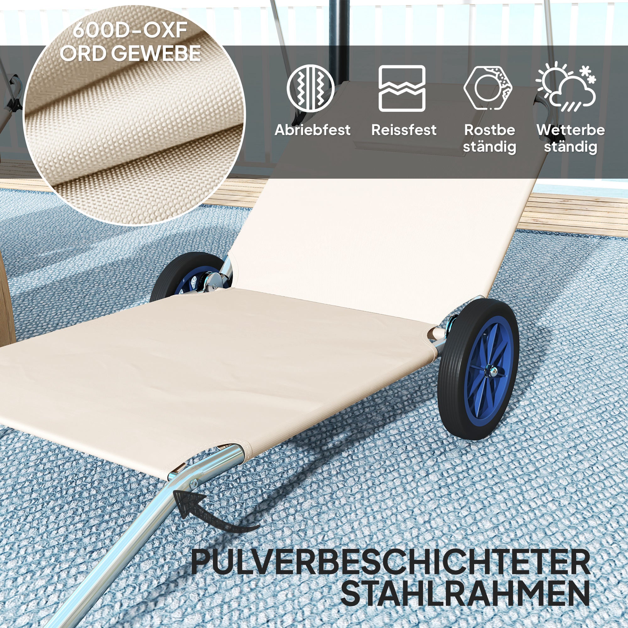 Outsunny Sonnenliege klappbar Gartenliege mit Kopfkissen Dach, Rolle Liegestuhl mit verstellbare Rückenlehne Beige