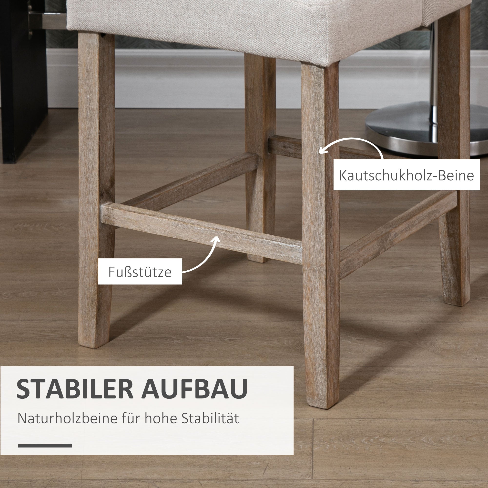 HOMCOM 2er-Set Barhocker mit lehne Barstühle mit Knopfheftung, Massivholz, inkl. Fußstütze, 47 cm x 50 cm x 101 cm, Grau + Natur