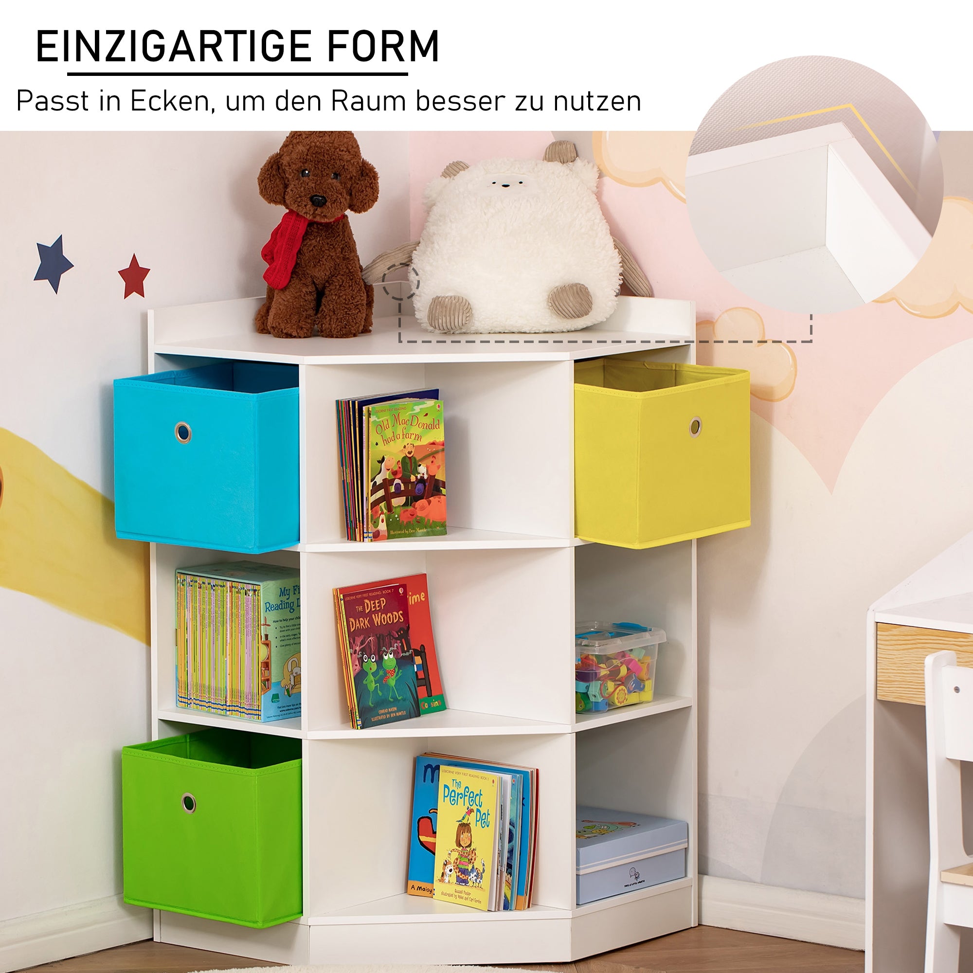 HOMCOM Aufbewahrungsregal für Kinder, 3 Vliesschubladen, MDF, kippsicher, Weiß
