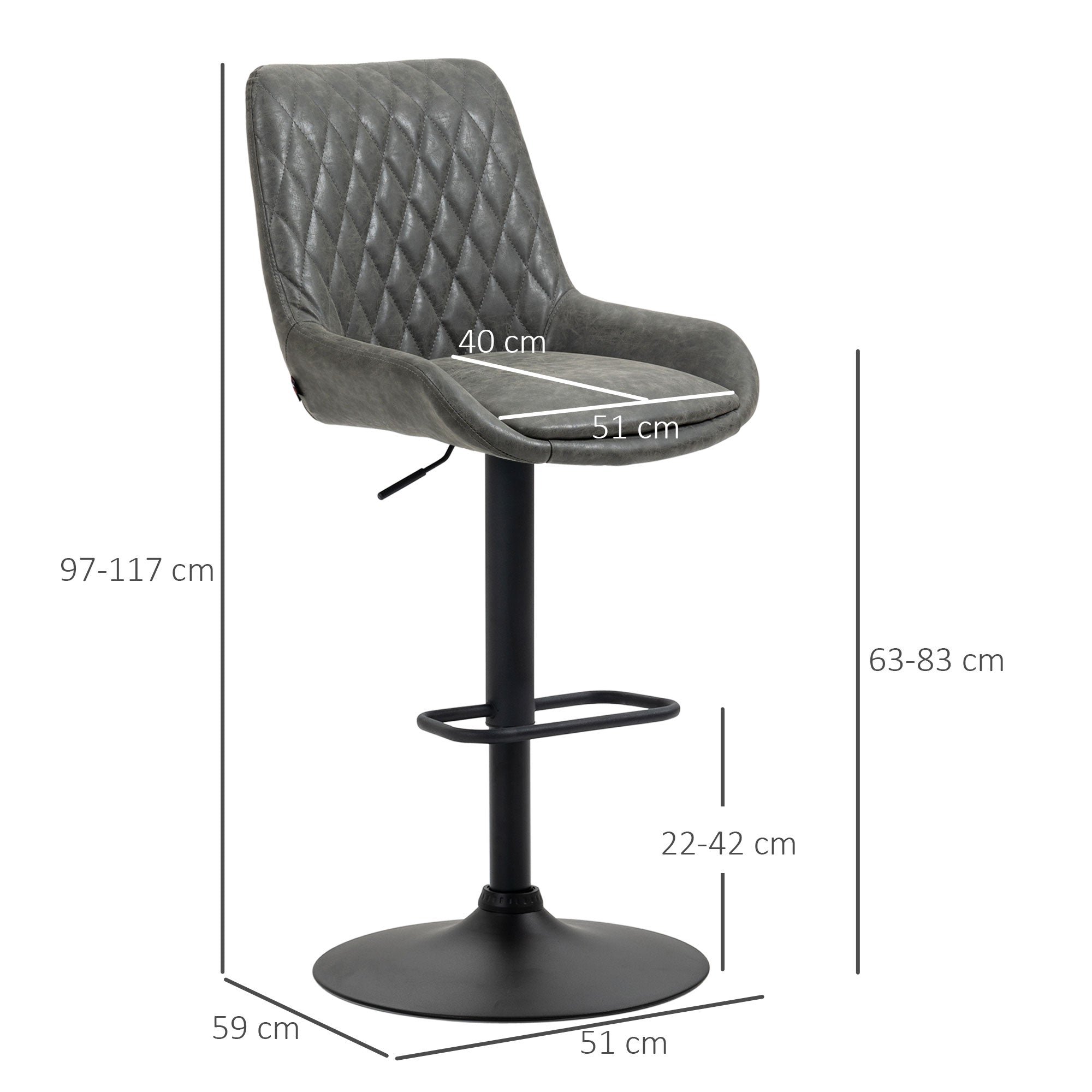HOMCOM Barhocker Küchenhocker Designhocker, höhenverstellbar, mit Fußstütze, 51 cm x 59 cm x 117 cm, Dunkelgrau + Schwarz