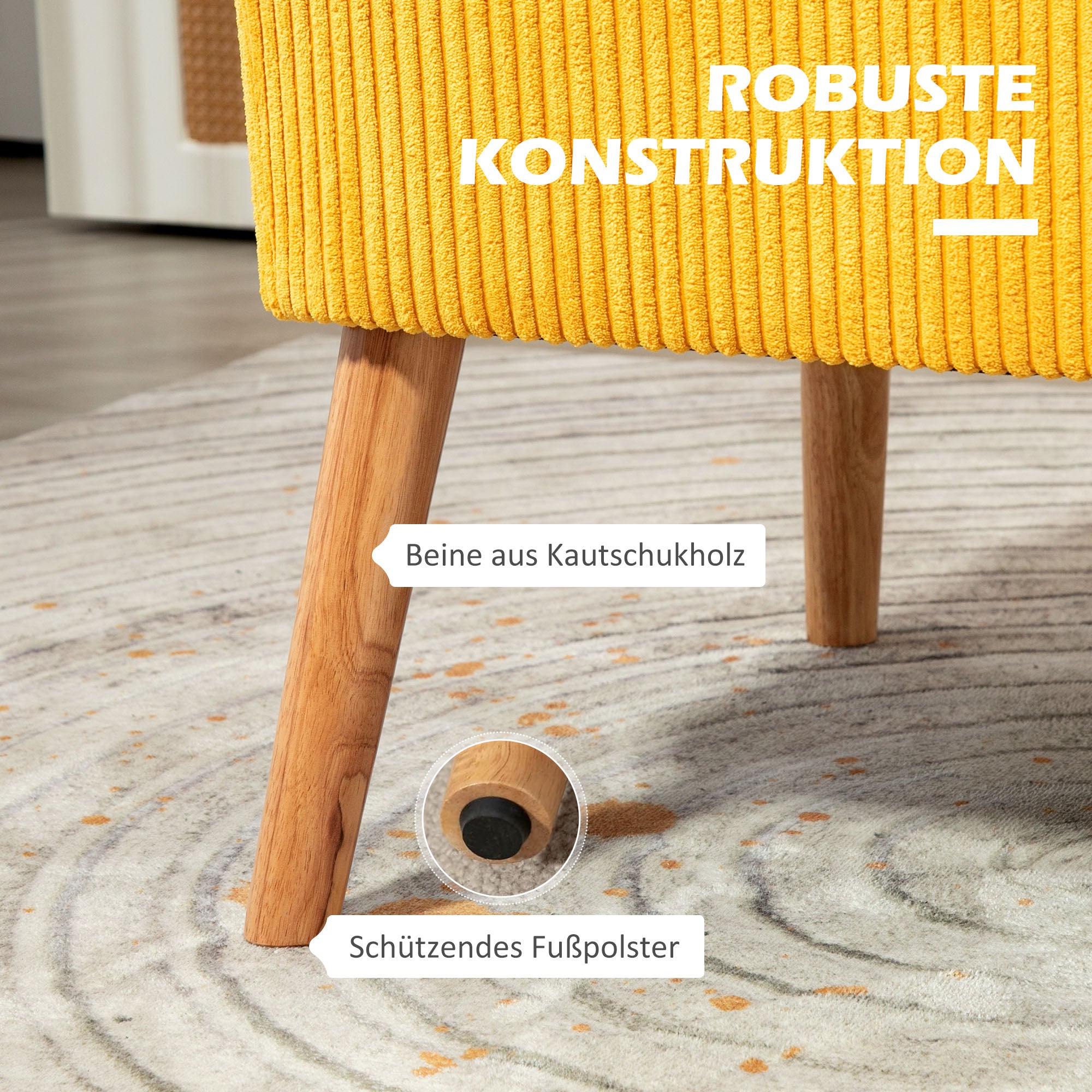 HOMCOM Zweisitzer-Sofa, elegantes Skandi Design, massiver Holzrahmen, bis 150 kg, 117 x 56,5 x 77 cm, Gelb