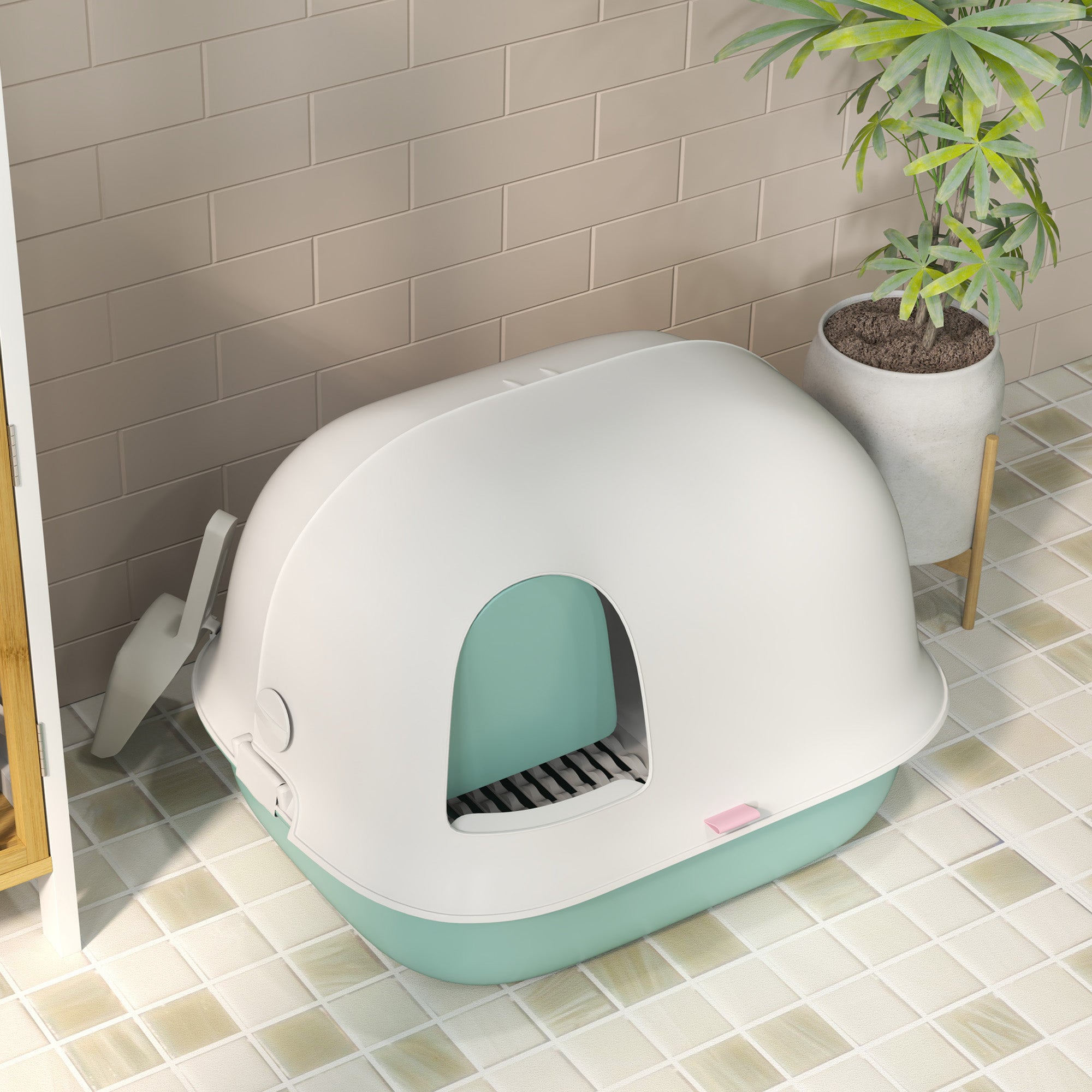 PawHut Katzentoilette mit Deckel, Katzenklo mit internem Kanal, Tür, Schaufel, leicht zu reinigen, Kunststoff, Grün