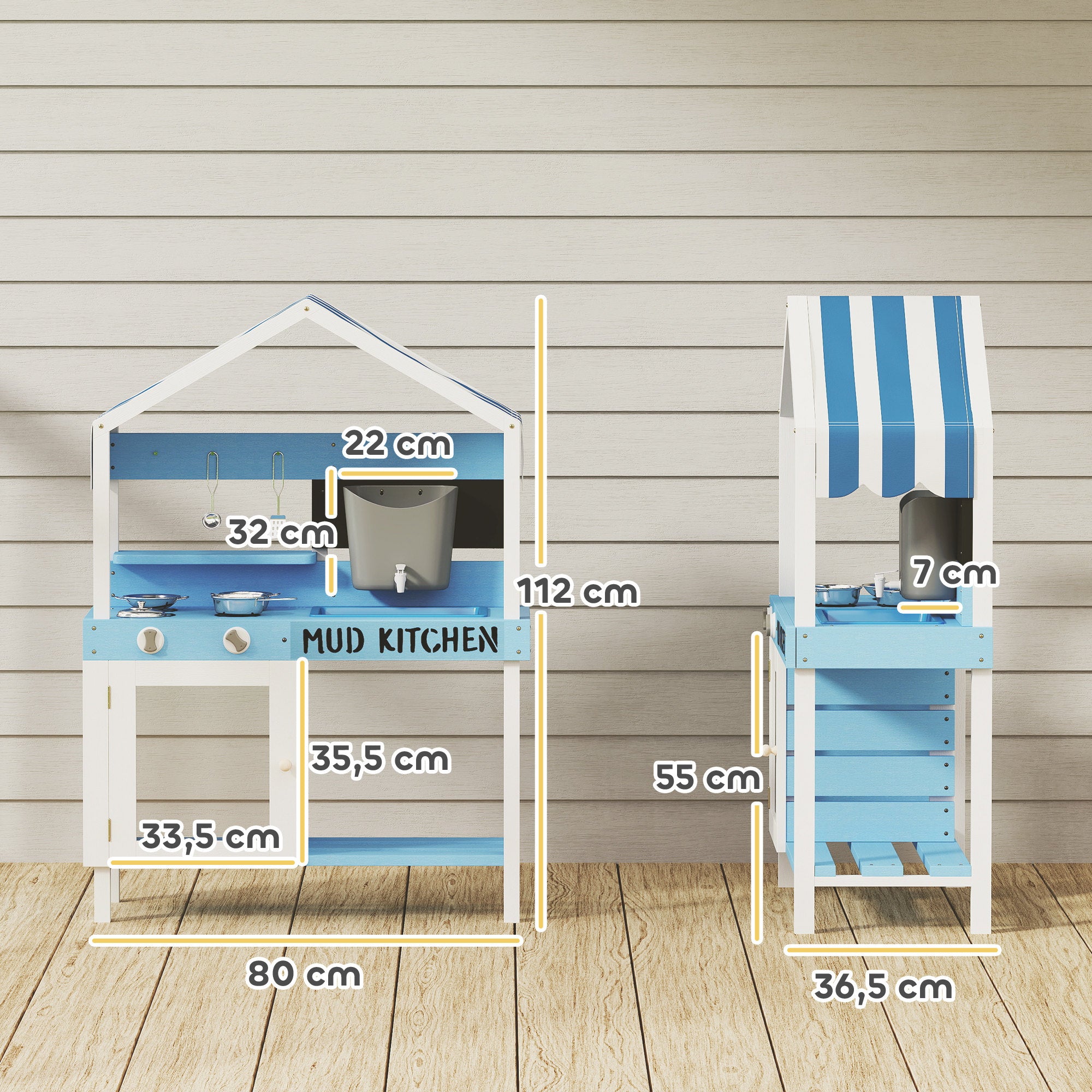 AIYAPLAY Outdoor-Spielküche für Kinder mit Sonnendach, Kochgeschirr-Set, Massivholz, Blau