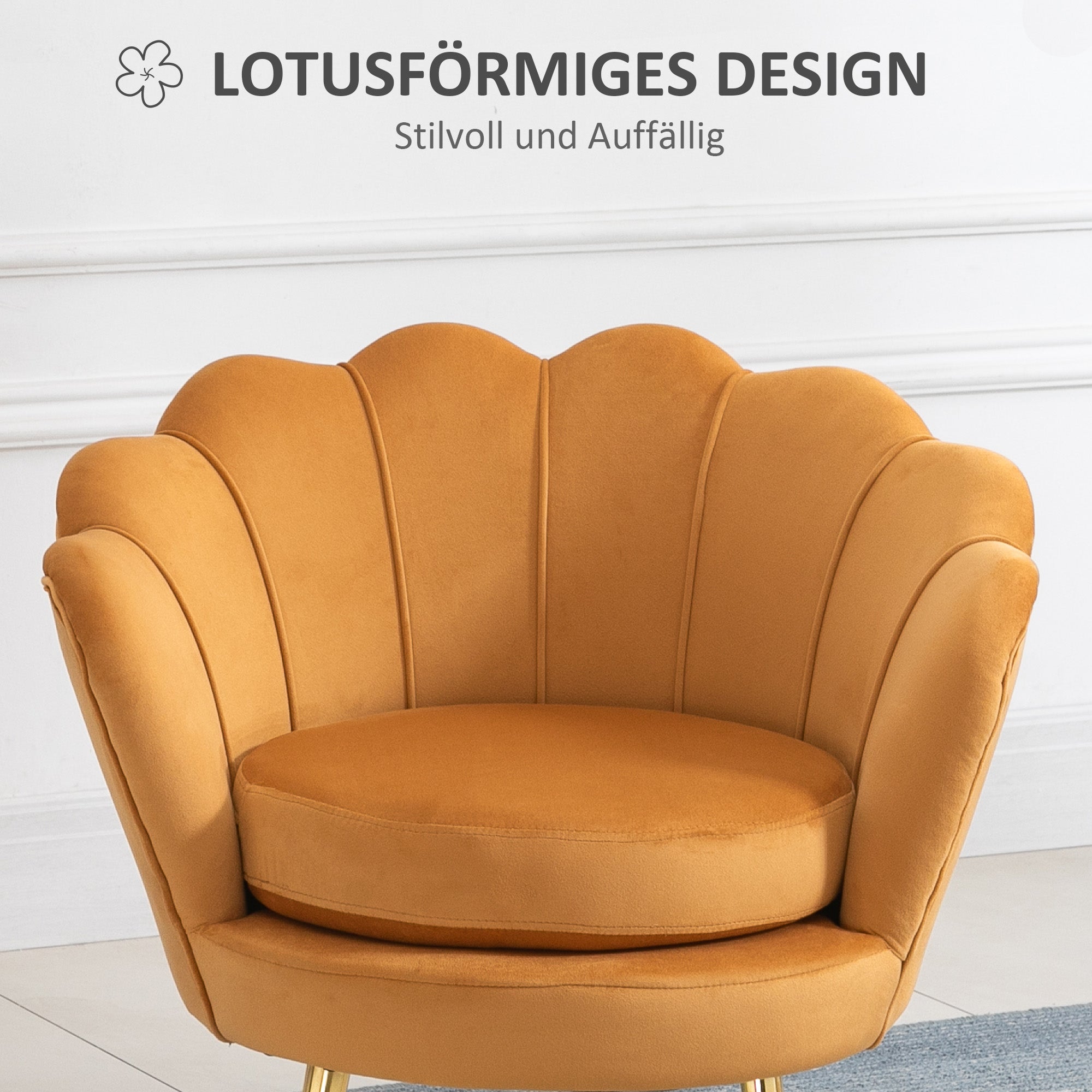 HOMCOM Lounge-Sessel, Vintage-Sessel in Samtoptik, Metallgestell, 76 x 67 x 74 cm, Gelb