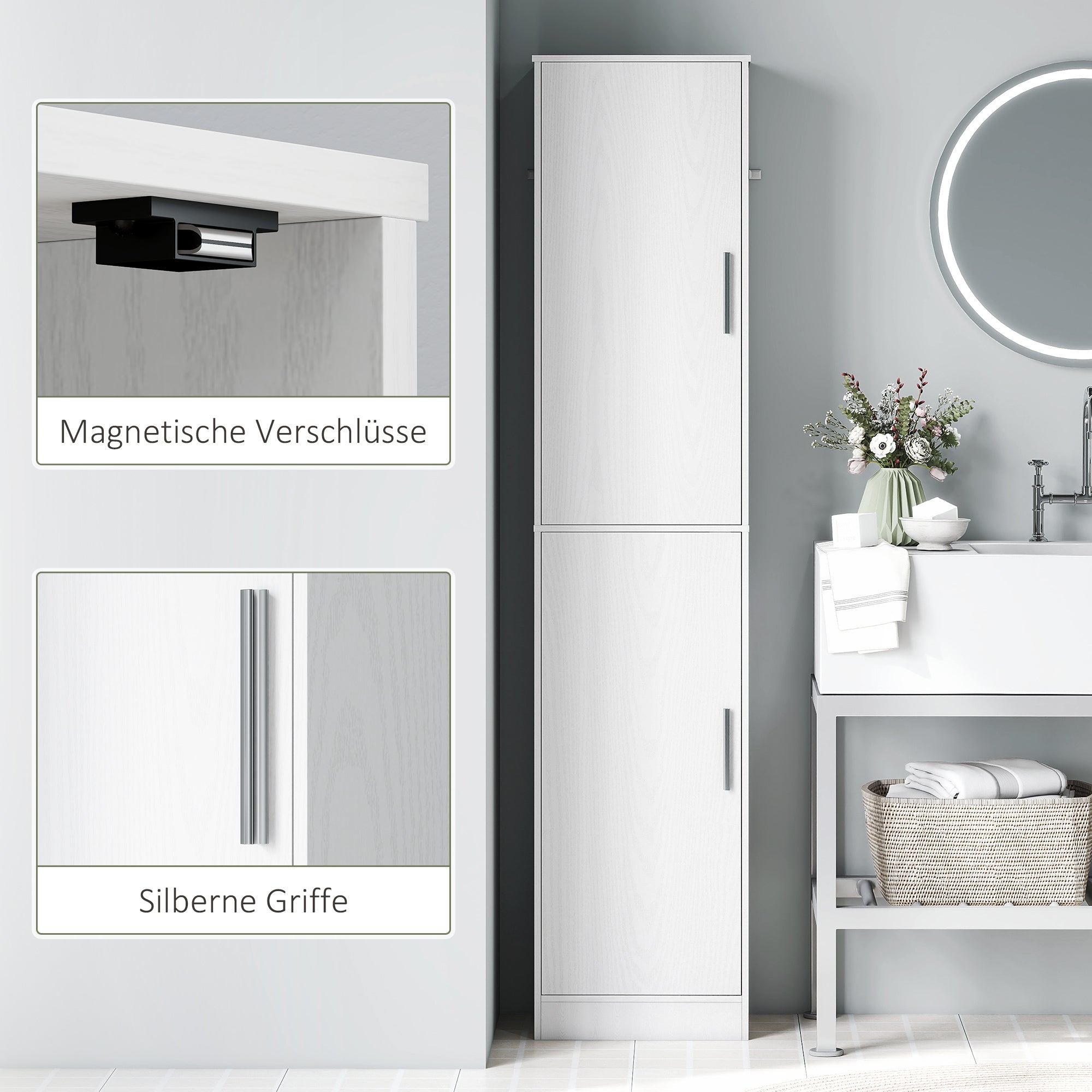 HOMCOM 180 cm hoher Badezimmerschrank, schmaler Badschrank mit 2 Türen, 4 verstellbare Regale, Spanplatte, MDF, Weiß