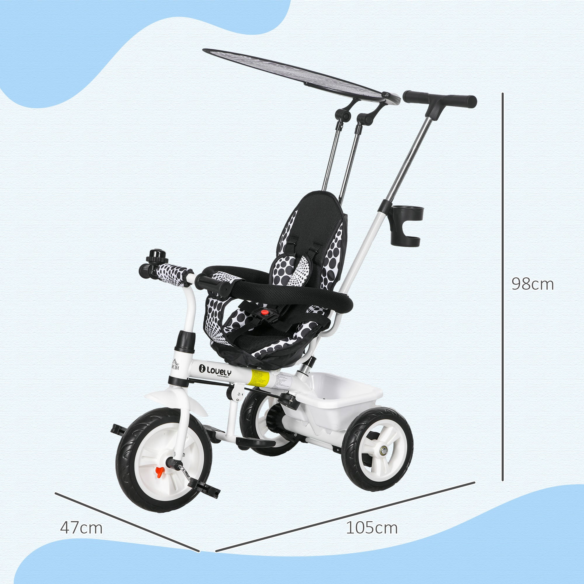 HOMCOM 6-in-1 Kinderdreirad mit Schiebestange, Dach, Gurt, Ablagekorb, für 1-5 Jahre, Weiß