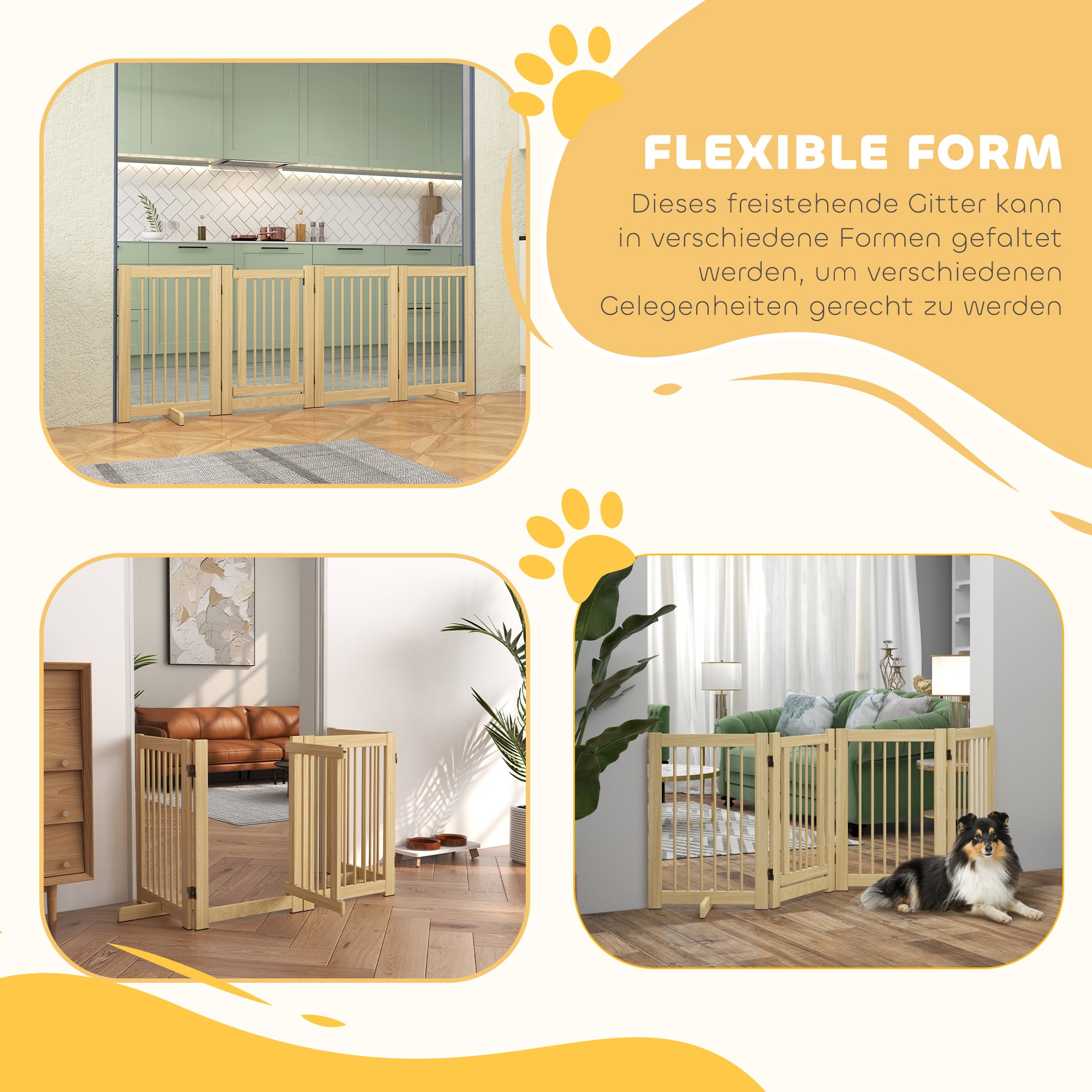 PawHut Freistehendes Hundegitter, 4 Paneele, flexibel, Kiefernholz, 204L x 36B x 75H cm, Naturholz