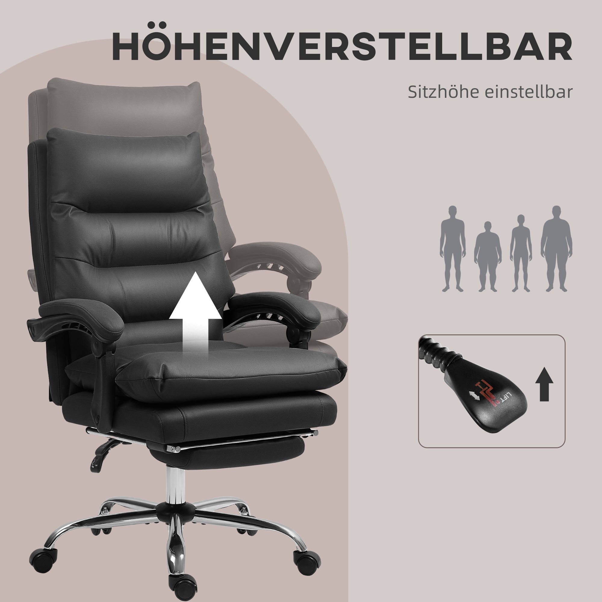 Vinsetto Bürostuhl mit Massagefunktion, beheizbar, neigbar, Kunstleder, 65x72x109-117cm, Schwarz