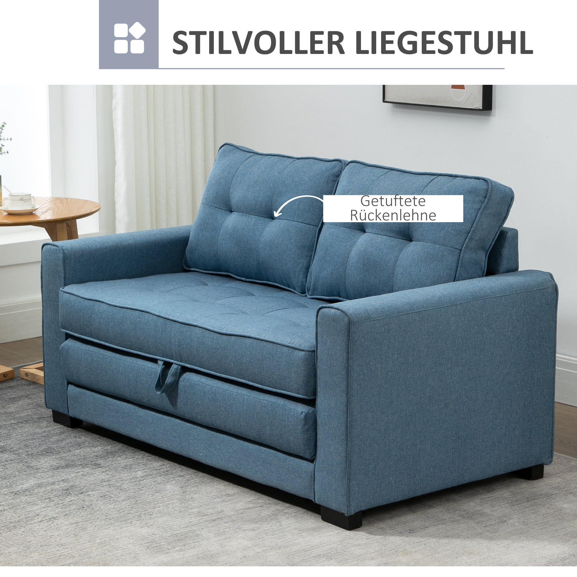 HOMCOM Schlafsofa Klappsofa 2-Sitzer Stoffsofa Bettsofa Sofa mit Schlaffunktion Sofagarnitur Leinen-Touch Gummiholz Blau 147,5 x 75 x 85 cm