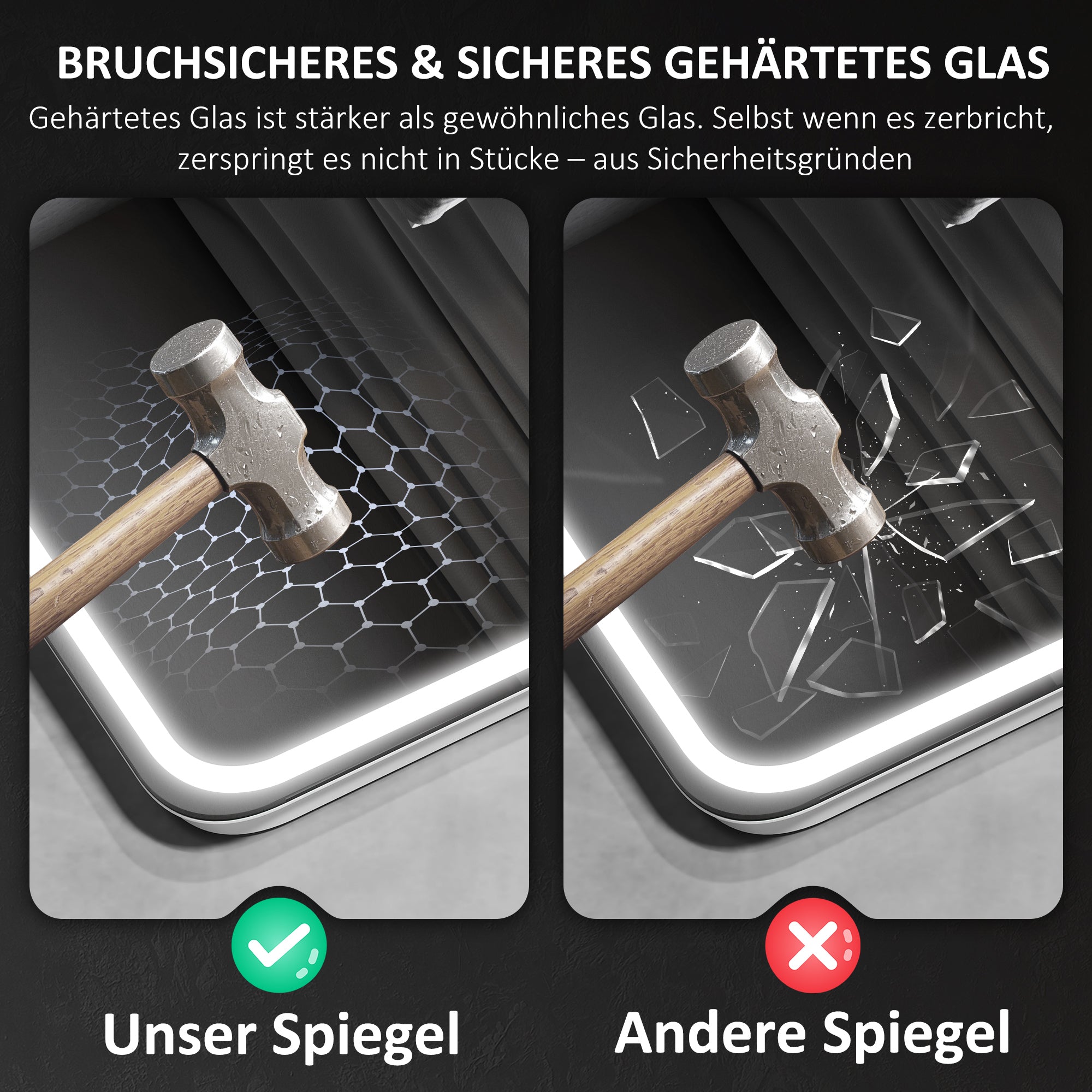 HOMCOM Badezimmerspiegel mit LED-Beleuchtung, Anti-Beschlags-Pad, 3 verstellbare Farben, Silberfarben