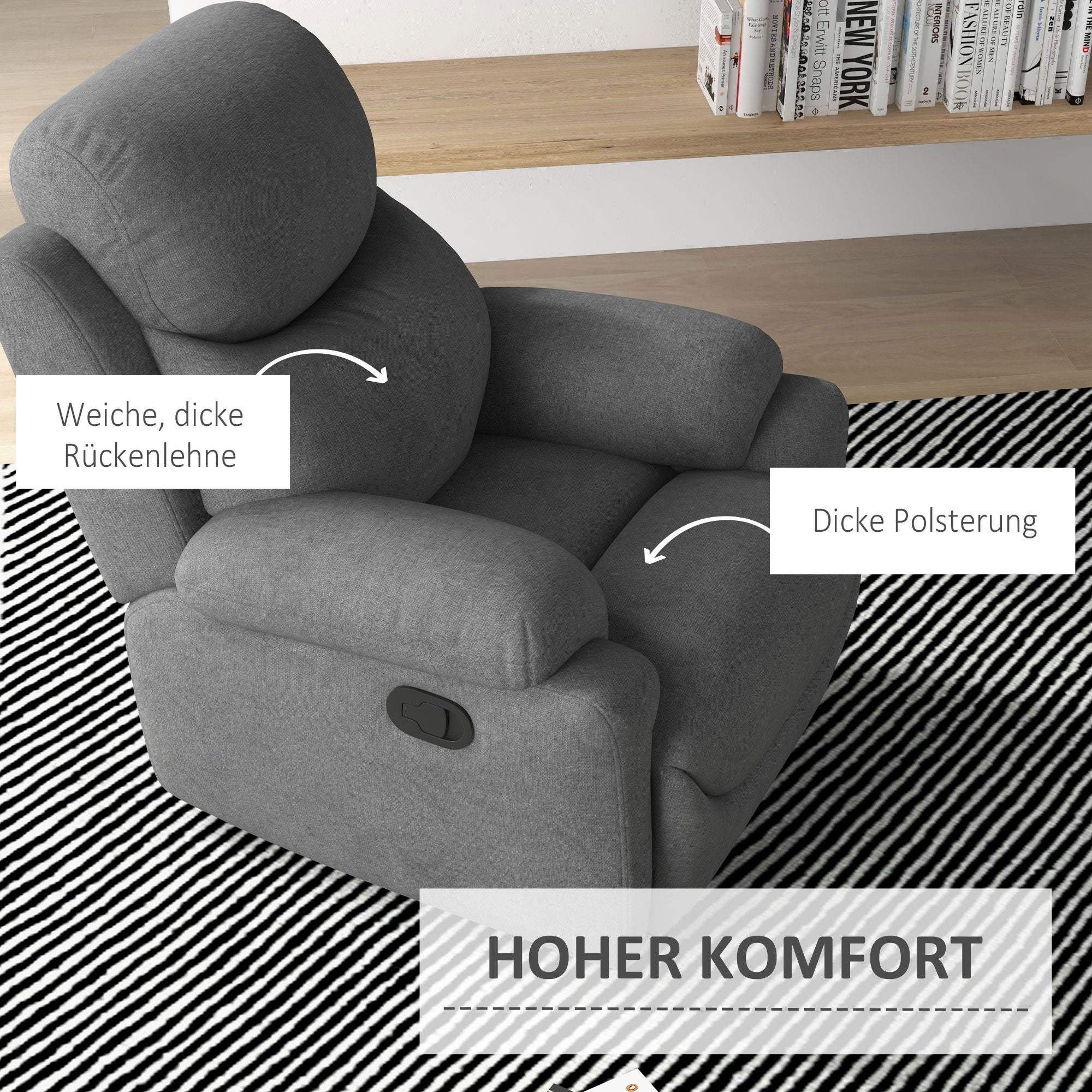 HOMCOM Relaxsessel Liegesessel Fernsehsessel, Liegefunktion Leinenoptik, 93 cm x 88 cm x 102 cm, Grau