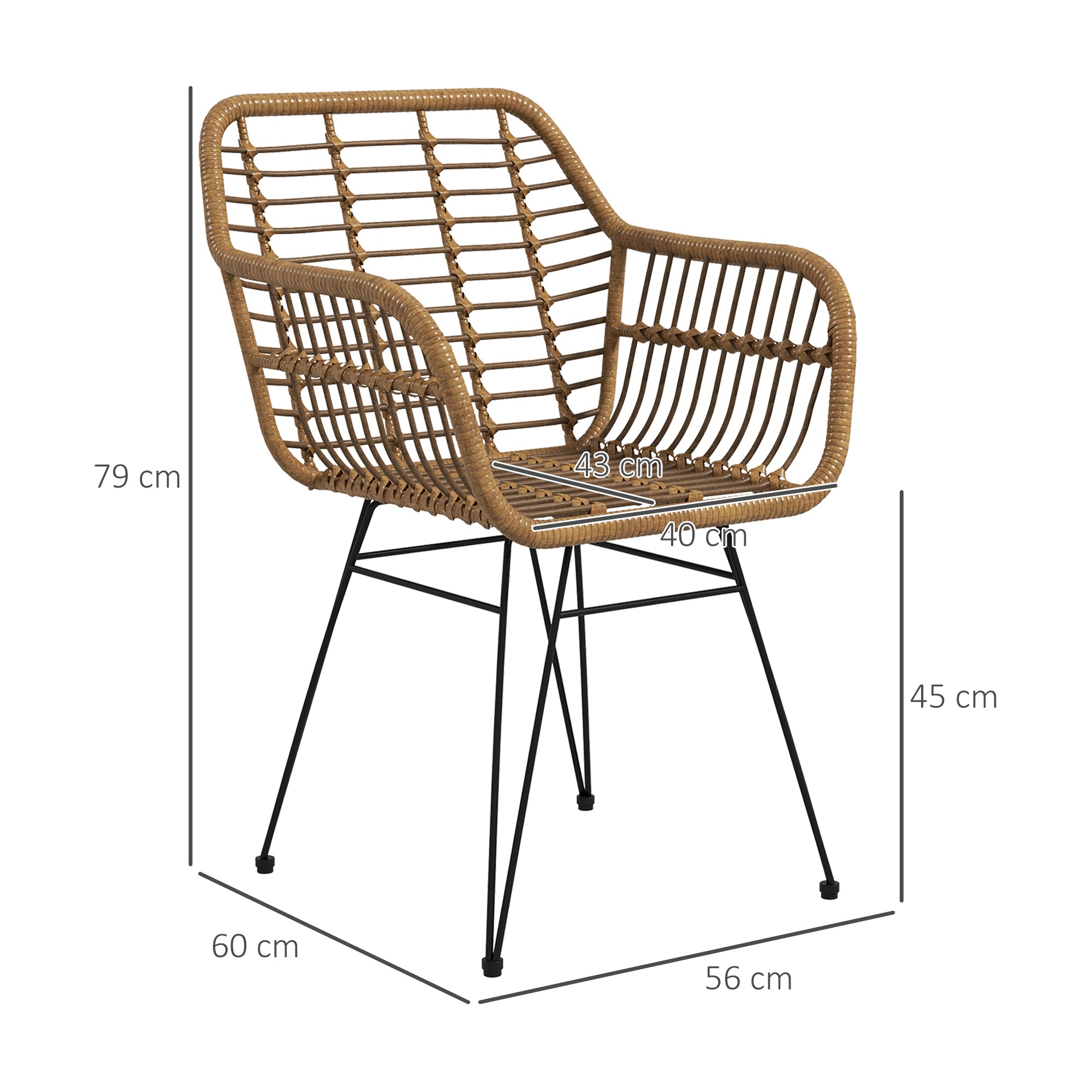 HOMCOM 2-er-Set Stühle im Boho-Stil, Küchenstühle, PE-Rattan, 56 x 60 x 79 cm, Natur + Schwarz