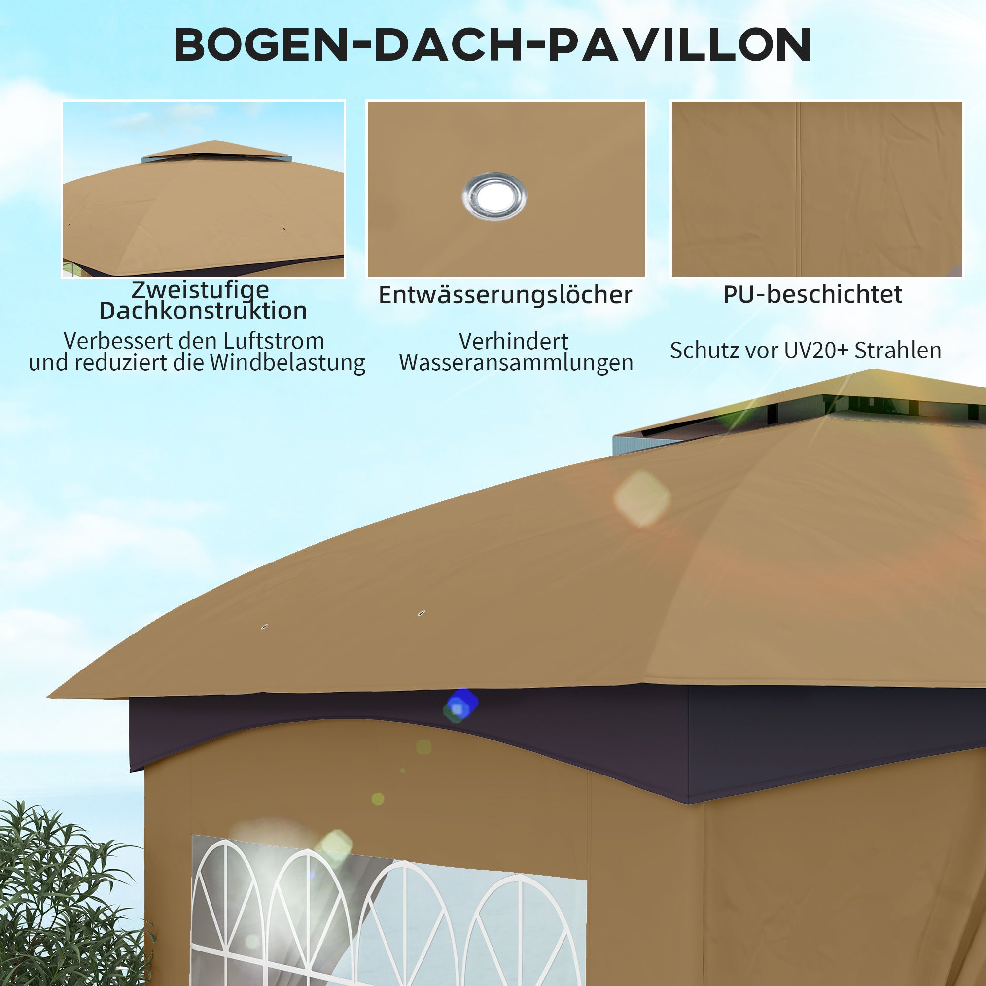 Outsunny 3,4 x 3,4 m Gartenpavillon, Bierzelt mit Lüftungsdach, Bogenfenstern, Stahlgestell, Beige