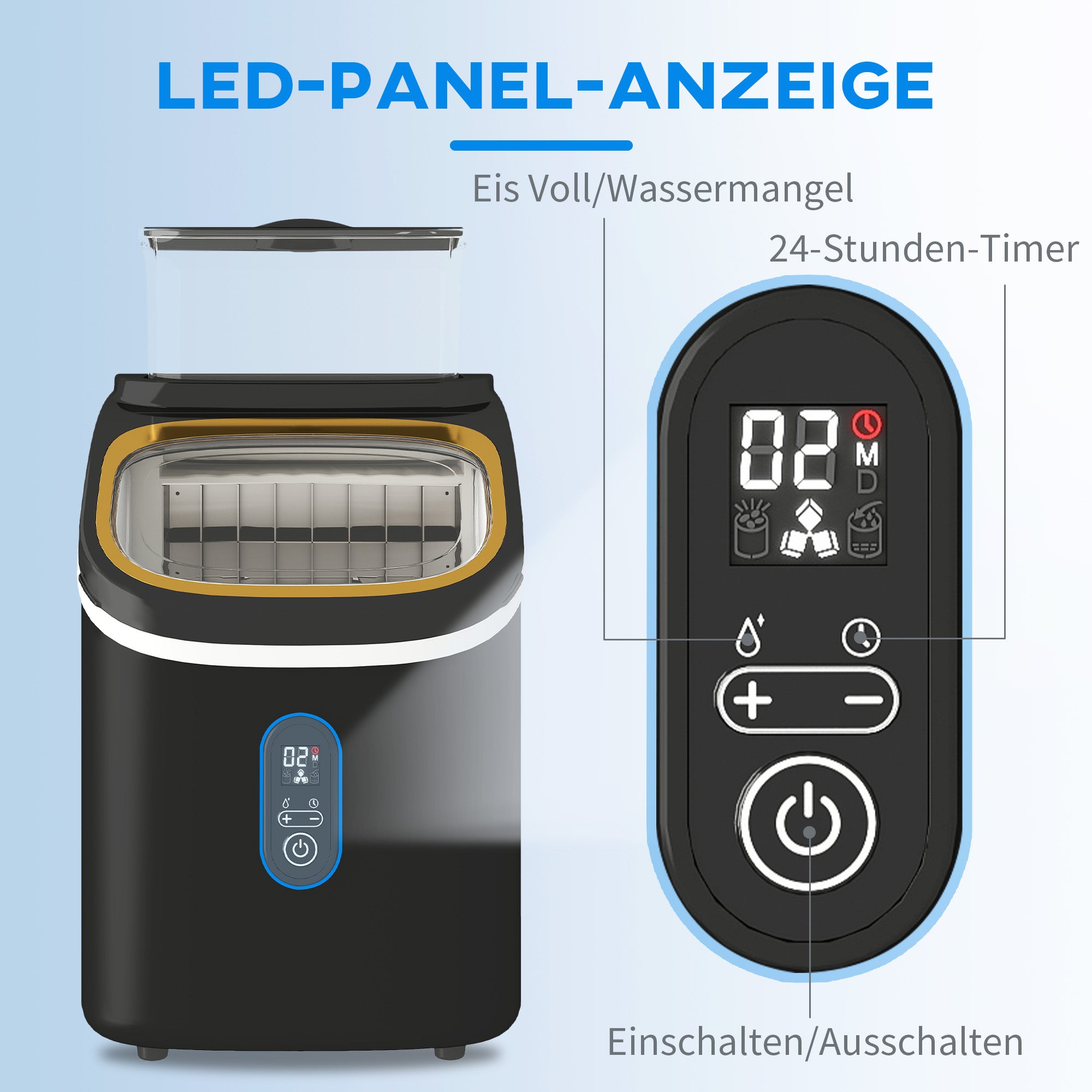 HOMCOM Eiswürfelmaschine, leiser Betrieb, kompaktes Design, mit Eiskorb, Schaufel, Schwarz