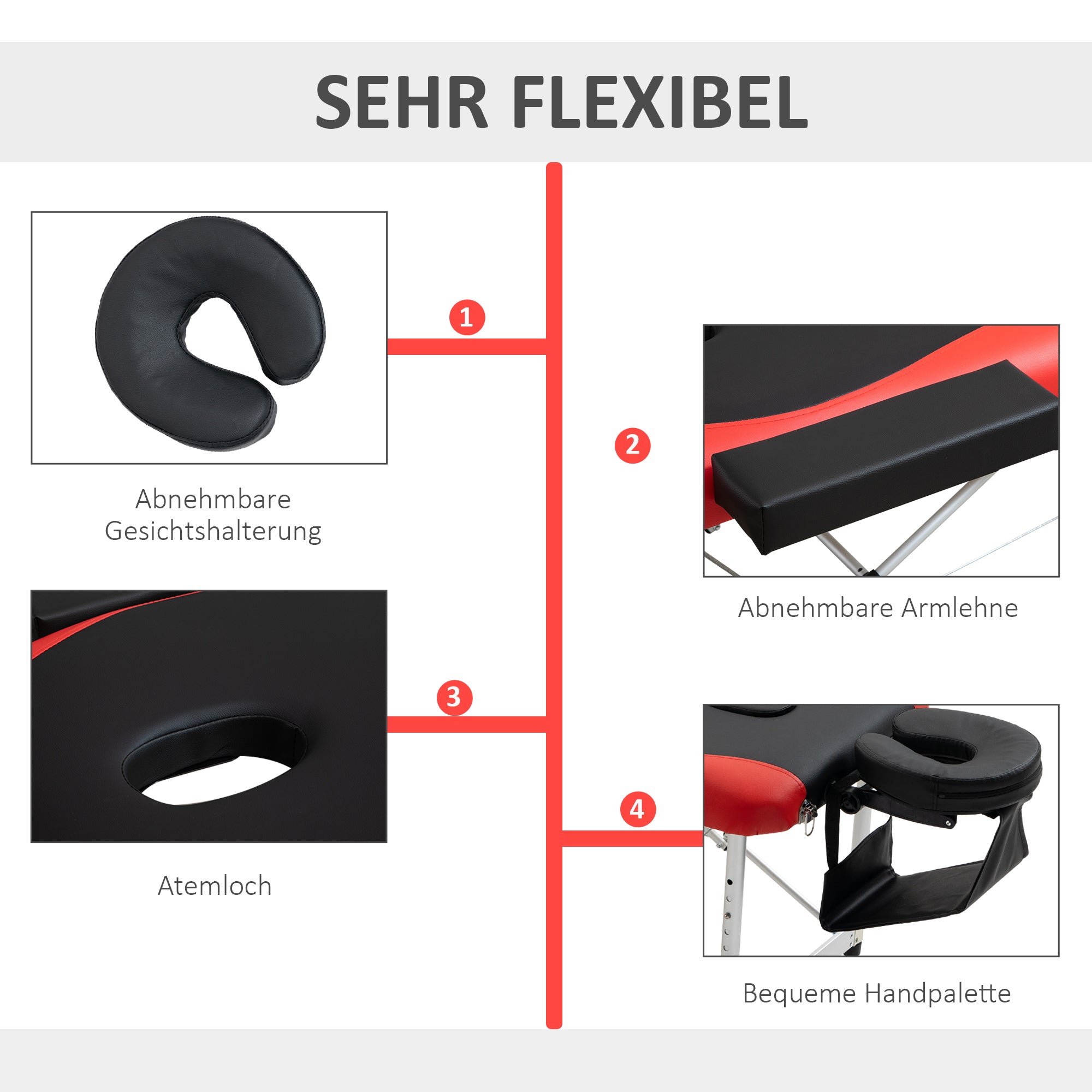 HOMCOM Massageliegen klappbar Kosmetikliegen höhenverstellbarer Massagetisch Massagebett Aluminium Schaumstoff Kunststoff Schwarz+Rot 215 x 81 x 61-84 cm