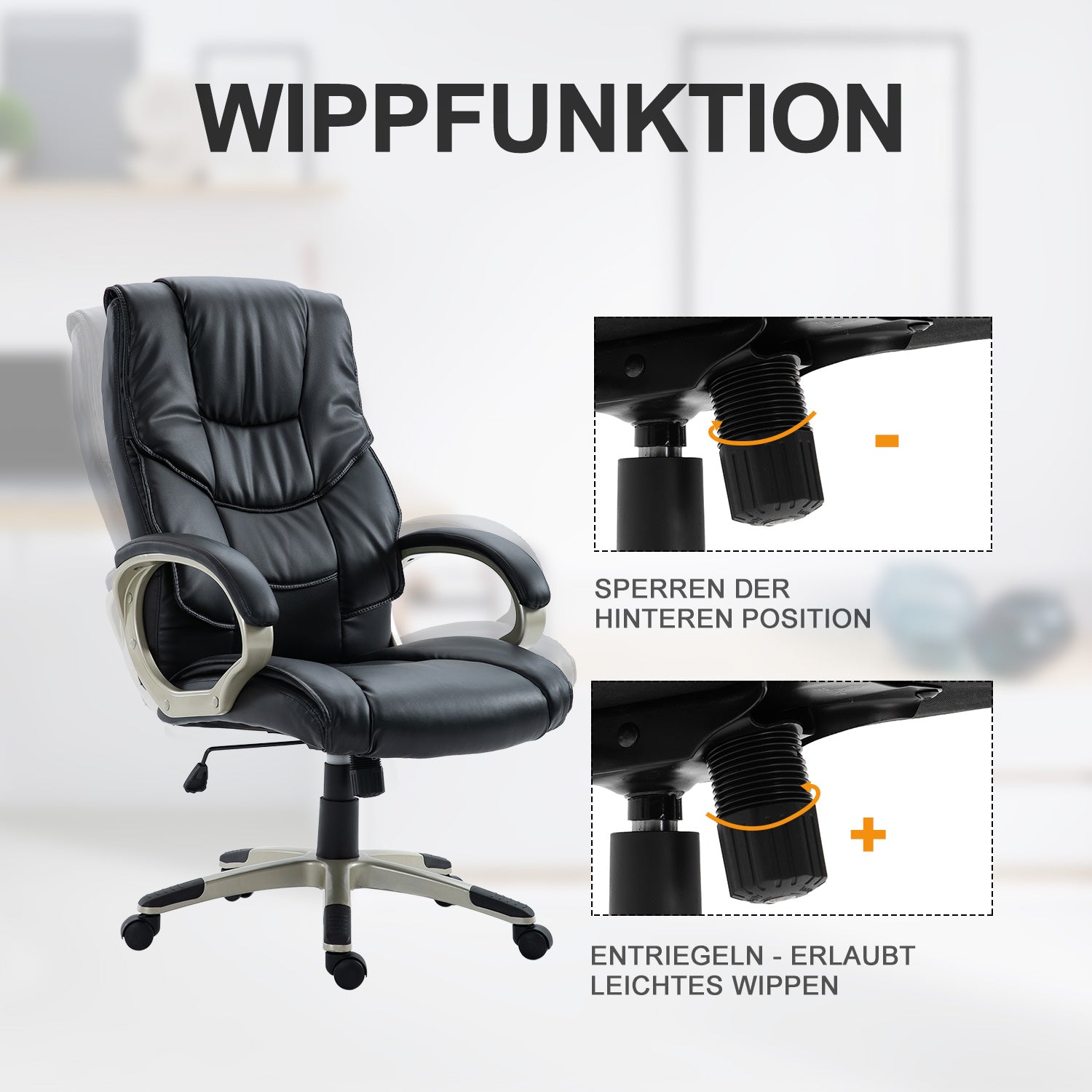 HOMCOM Bürosessel Chefsessel mit Wippfunktion Bürostuhl Schreibtischstuhl Ergonomischer Drehstuhl Sportsitz Hoher Rückenlehne Schwarz Kunsterleder Metall 70 x 58 x 114–124 cm