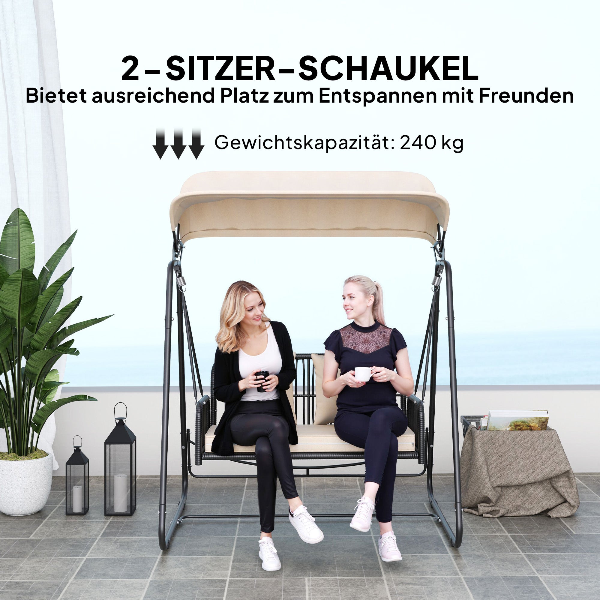 Outsunny Hollywoodschaukel Rattan 2-Sitzer Gartenschaukel mit Sonnendach Kissen bis 240 kg 149 x 121 x 180 cm Khaki