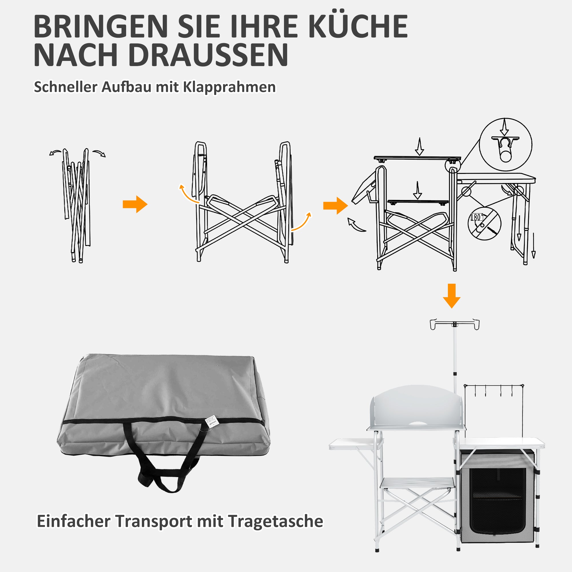 Outsunny Campingküche, faltbar, 3 Arbeitsplatten, Windschutz, Stoffschrank, 144x48x119cm, Silber
