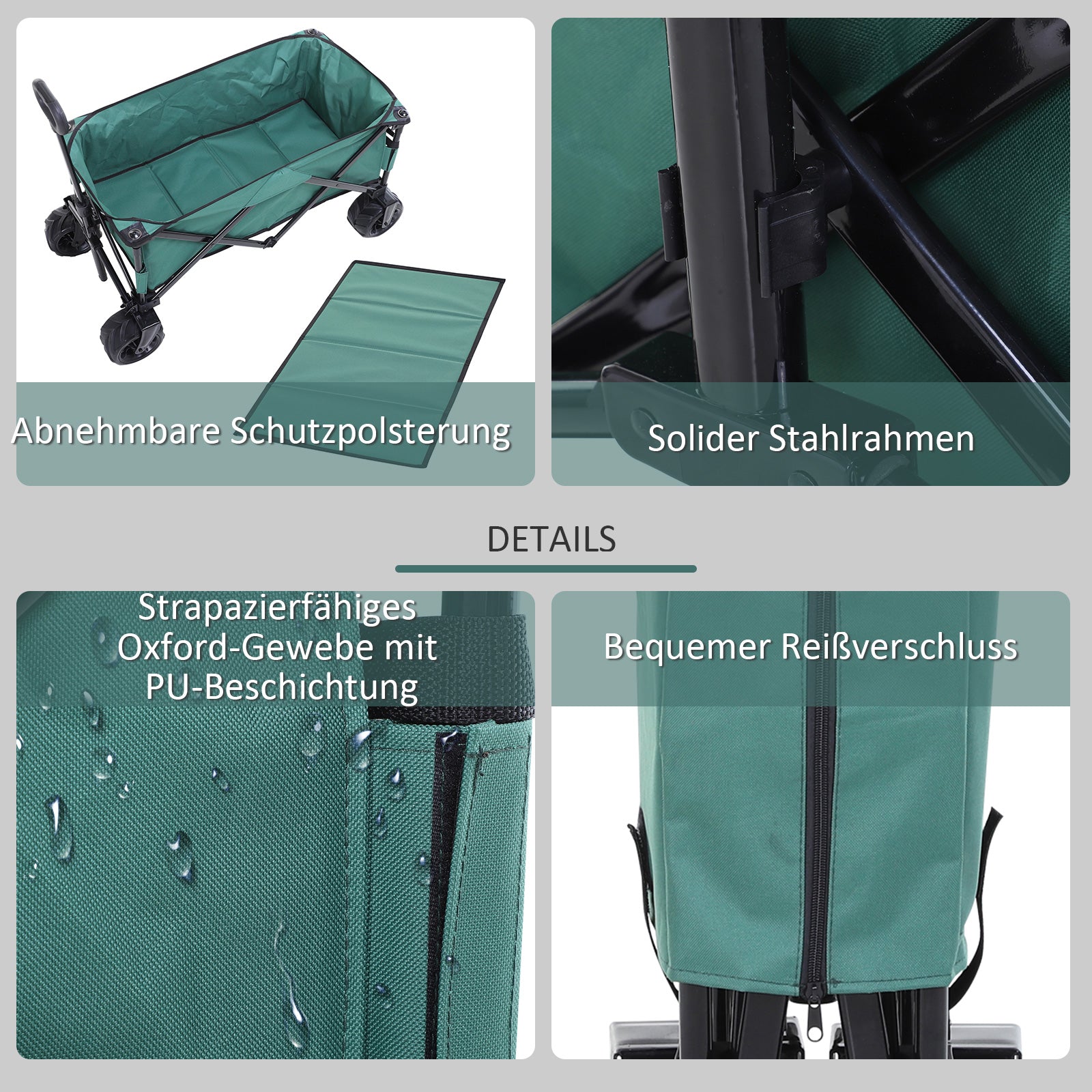 Outsunny Bollerwagen Faltbarer Handwagen 360° Gartenwagen Transportwagen mit Teleskop Griff Verstellbarer Griffhöhe Strandwagen bis 70 kg Tragkraft Metall Oxford Grün 108 x 55 x 59-89 cm