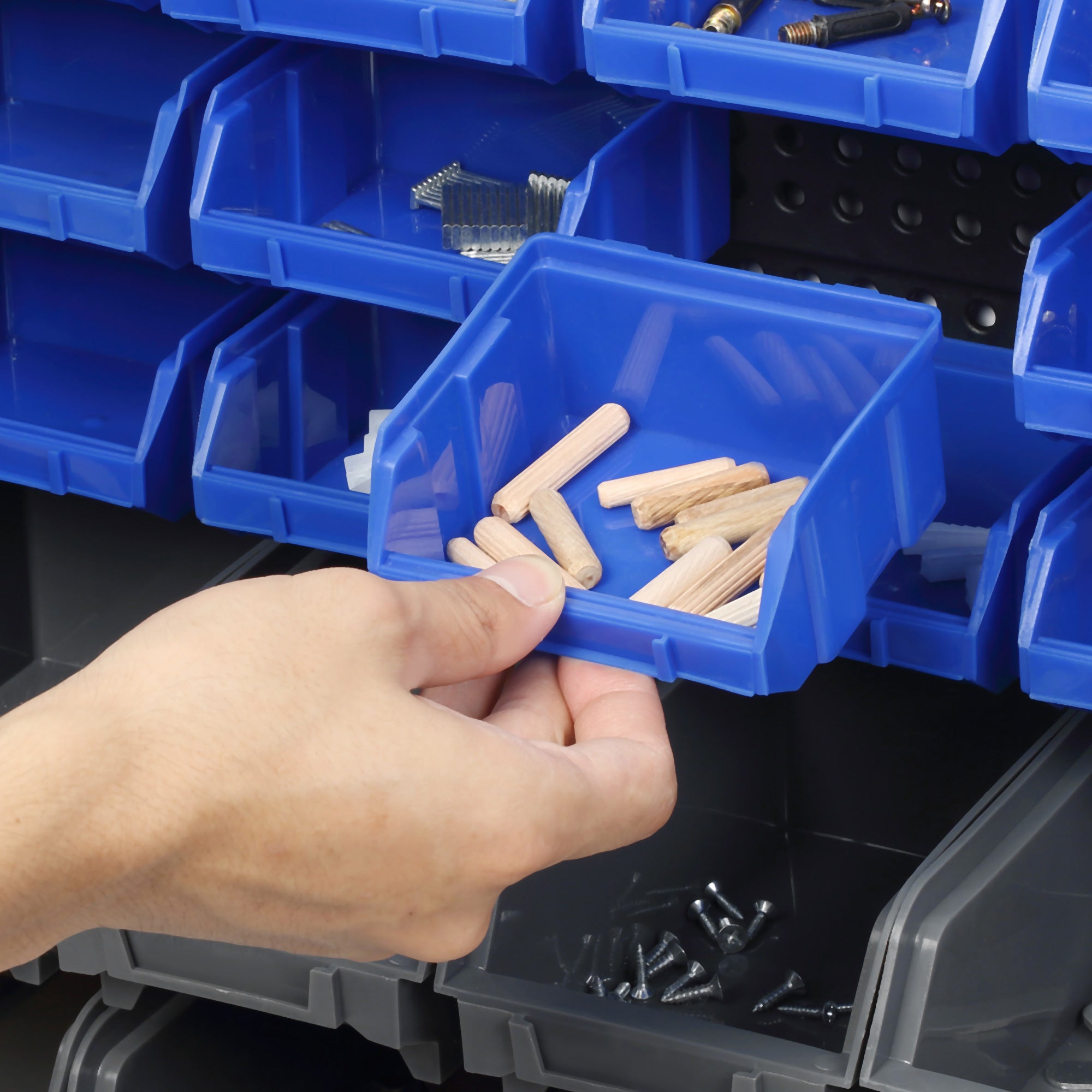 DURHAND Schüttenregal, Werkstattmagazin, 30 Boxen in 2 Größen, stapelbar, 63x18x37,5cm, Blau
