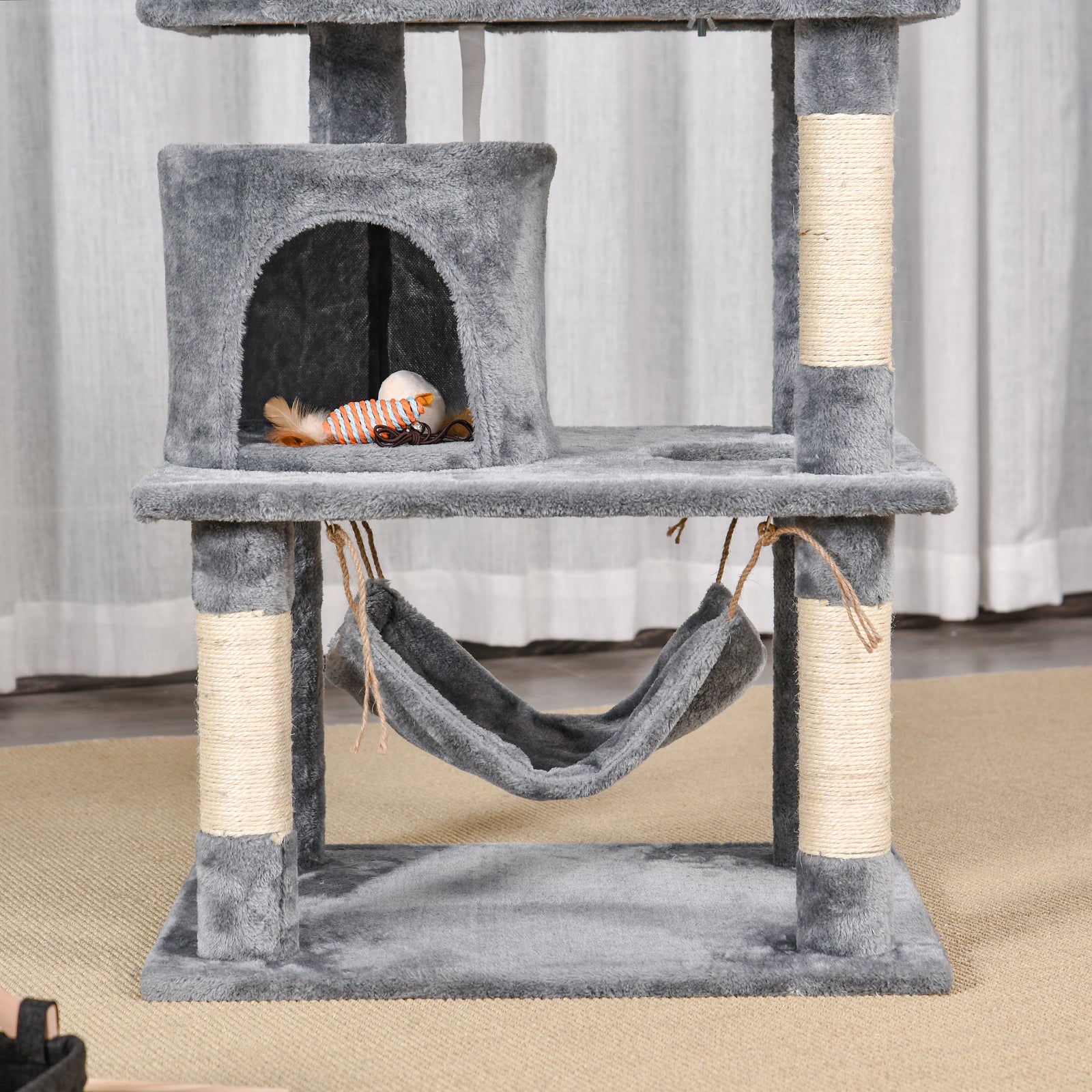 PawHut Katzen Kratzbaum groß 145 cm, Katzenbaum mit Hängematte, Kletterbaum für Katzen, Katzenkratzbaum Höhle Katzenmöbel mit Sisalstämmen, Hellgrau