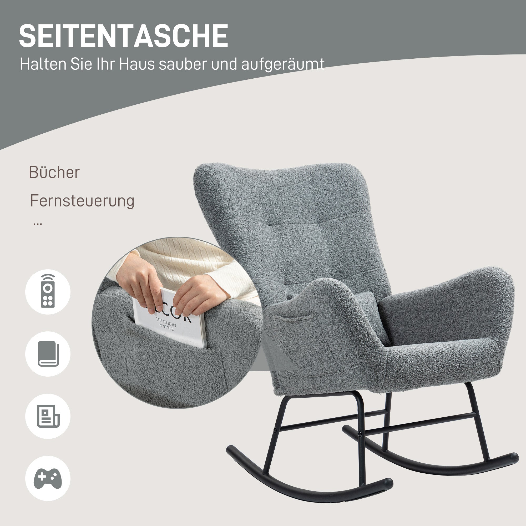 HOMCOM Schaukelstuhl, flauschiger Bezug, Lendenkissen, rutschfest, bis 120 kg, Grau