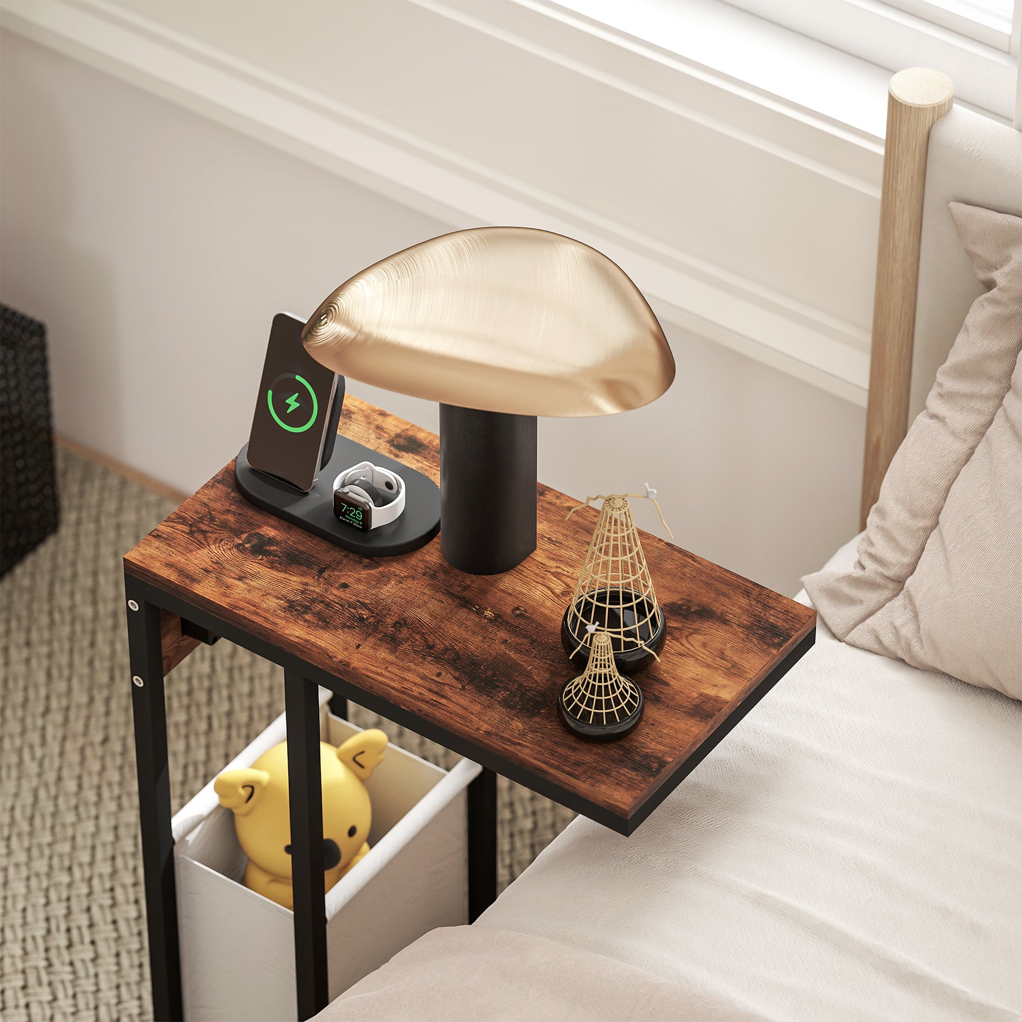 HOMCOM Beistelltisch mit Steckdosen, USB-Anschlüssen, Kabel, C-förmiges Design