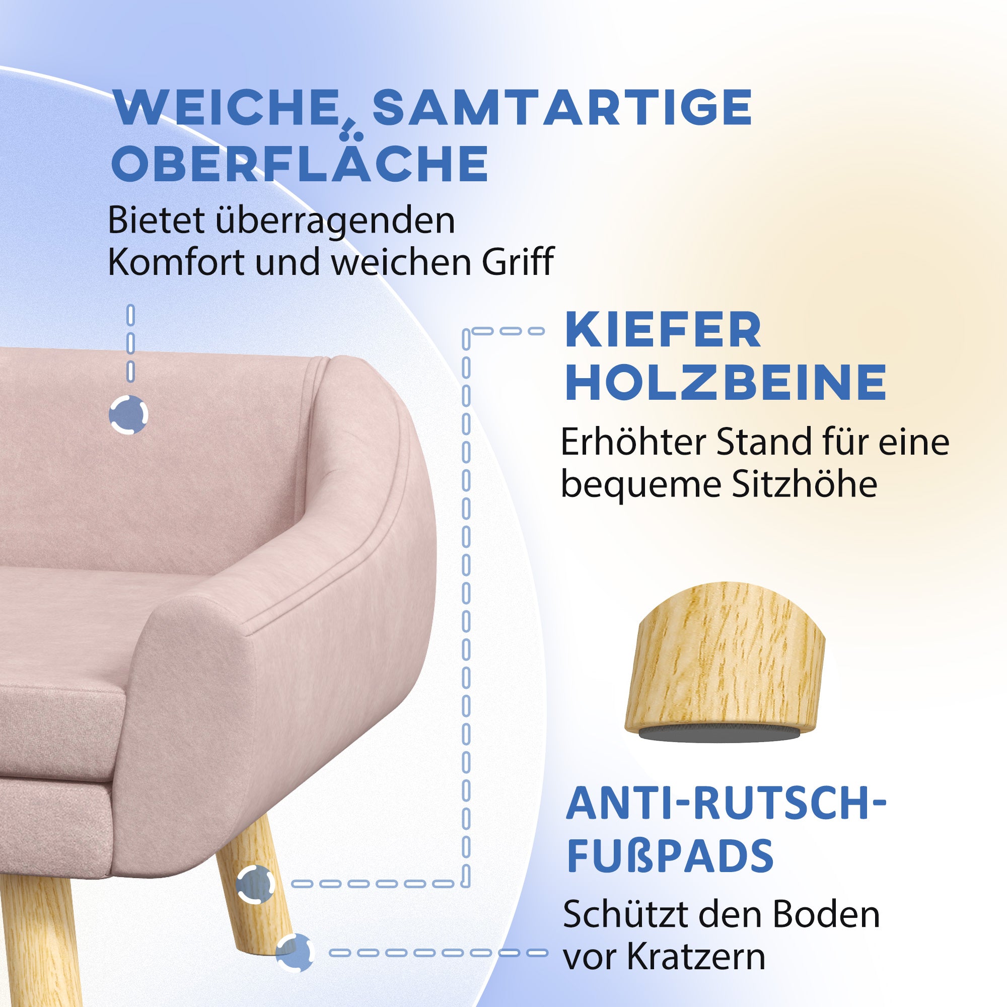 PawHut Haustiersofa Hundesofa, Skandidesign, abnehmbares Polster, Samtoptik, 102 cm x 58,5 cm x 42,5 cm, Rosa + Natur