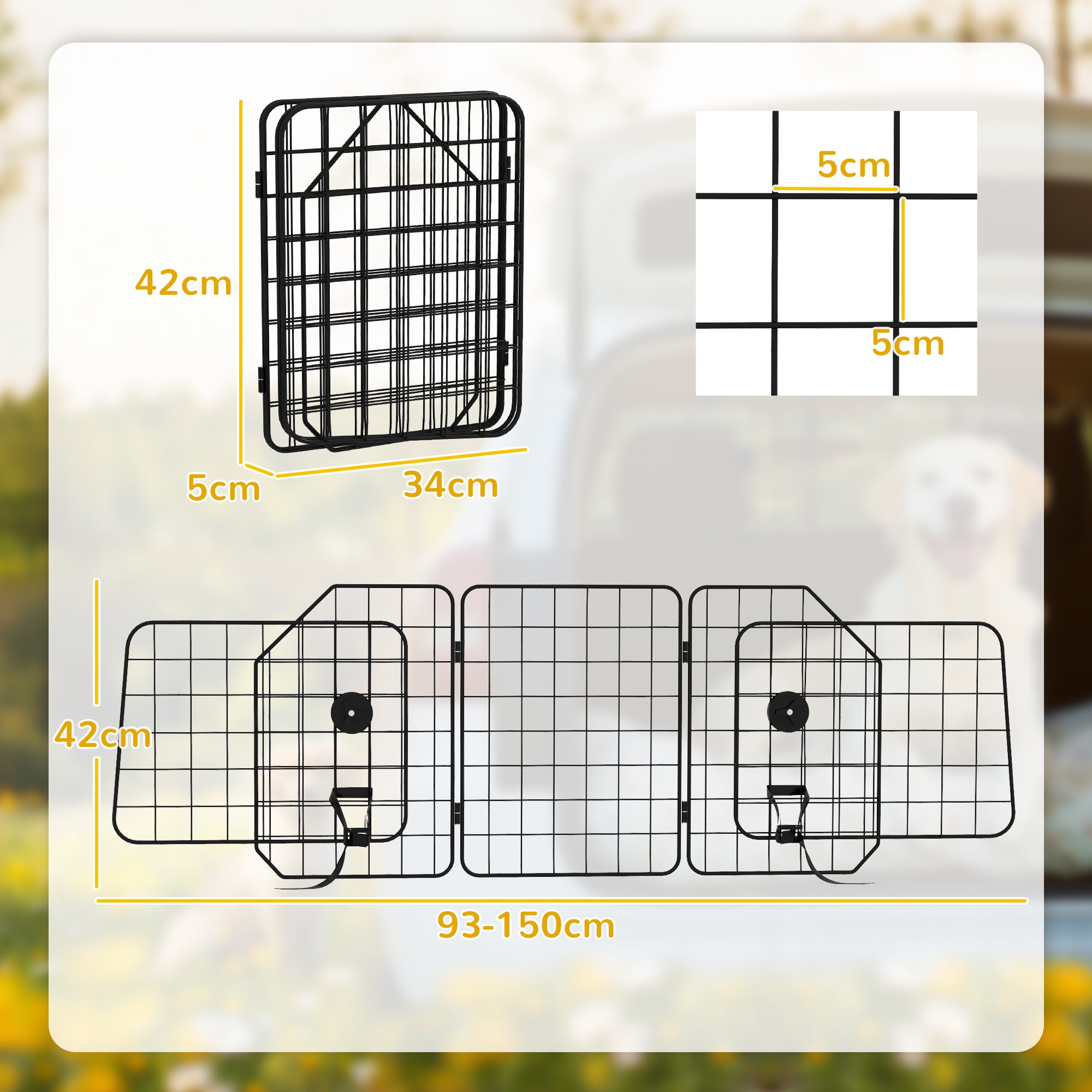 PawHut Autogitter für Hunde, verstellbar 93-150cm, klappbar, einfache Montage, Stahl, Schwarz