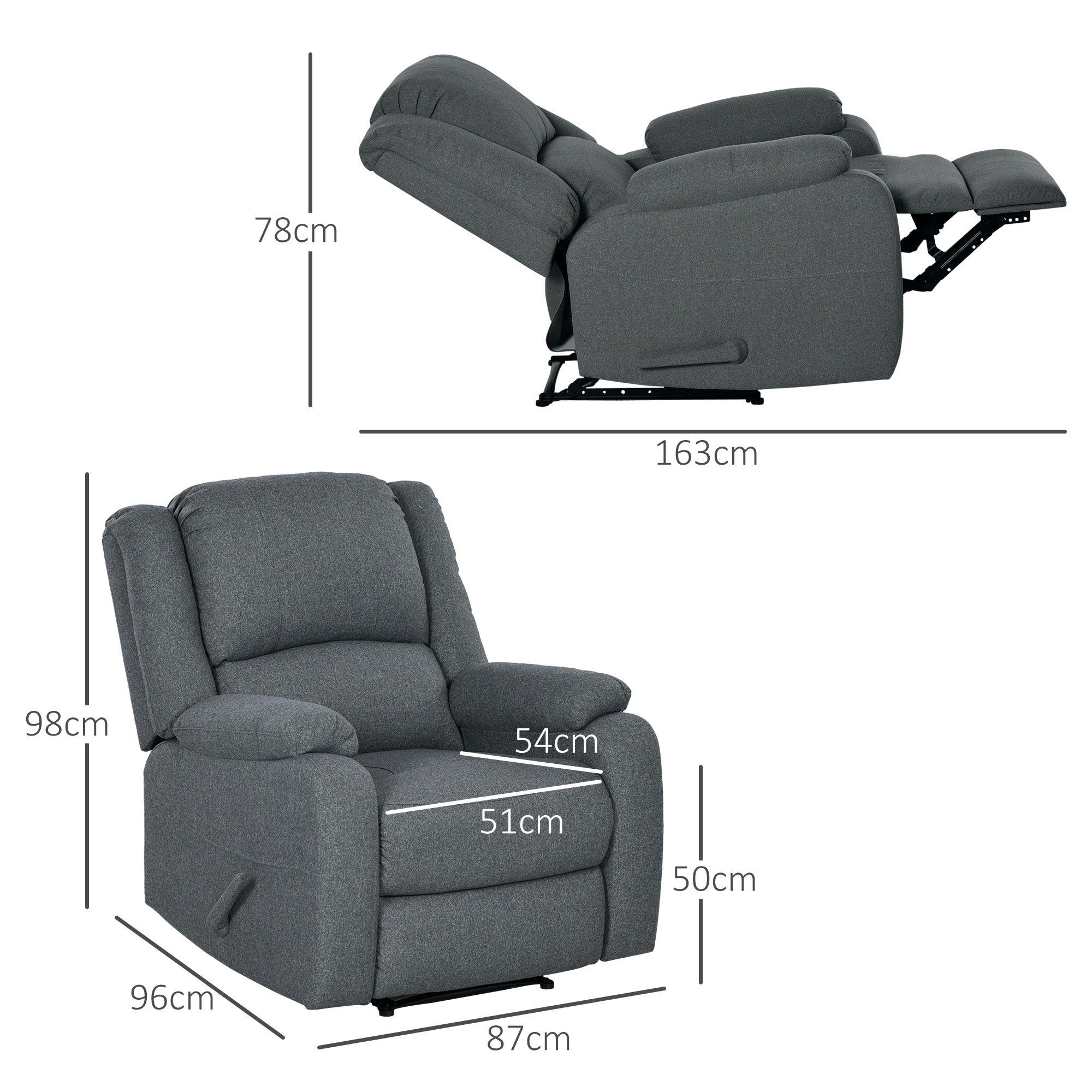 HOMCOM Relaxsessel, Liegefunktion und Fußstütze, verstellbar, bis 150 kg, Stahlrahmen, 90 x 96 x 98 cm, Grau