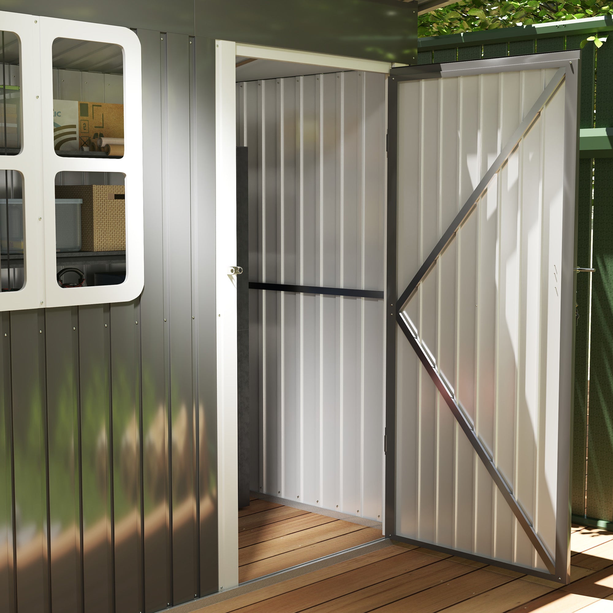 Outsunny Gartenschuppen, Gartenhaus mit Fenster, verschließbare Tür, für Garten, Terrasse, Stahl, 221L x 133B x 190H cm, Grau
