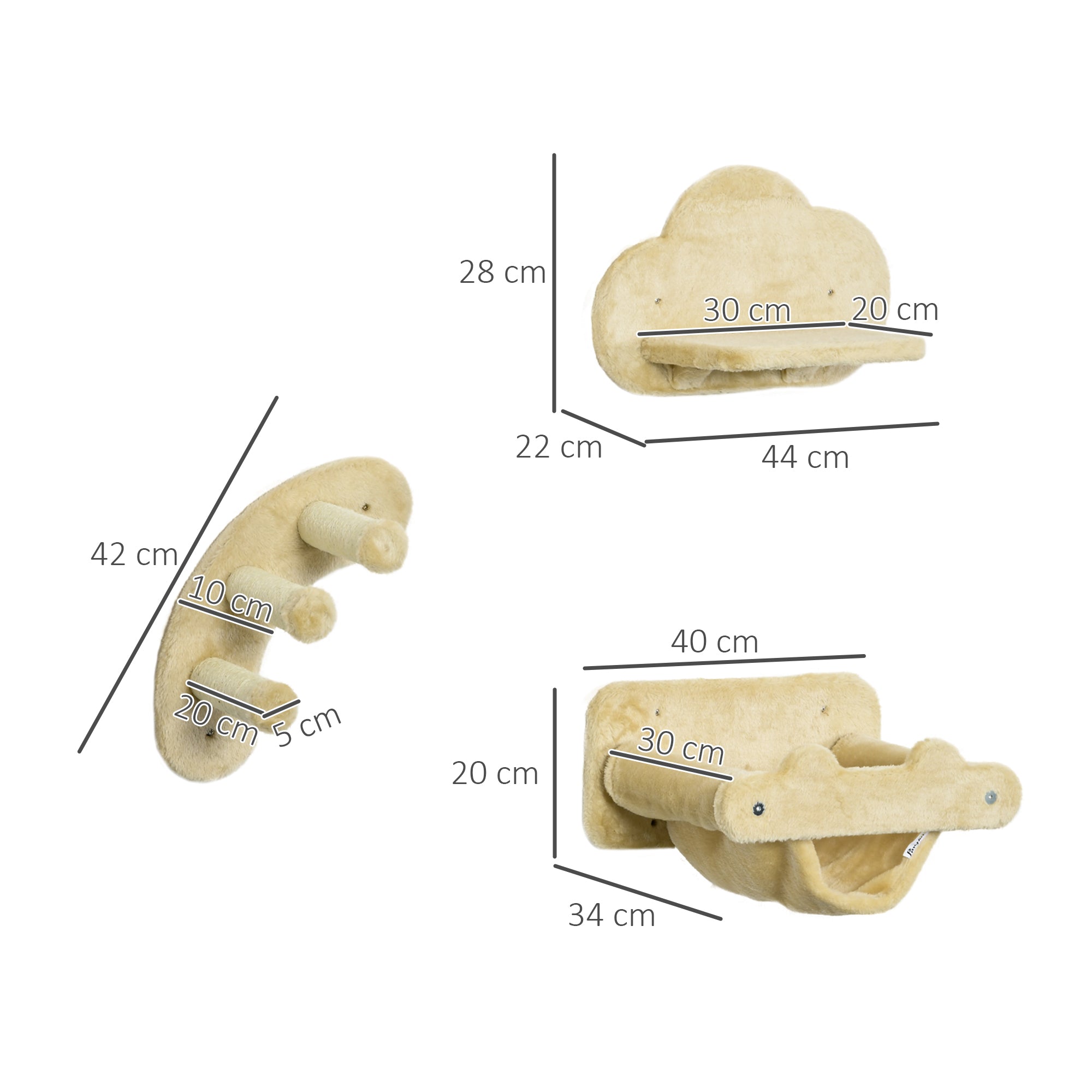 PawHut Katzentreppe, 4-teiliges Set, 3-stufige Sprossenleiter, 2 Plattformen, Hängematte, Plüschbezug, beige