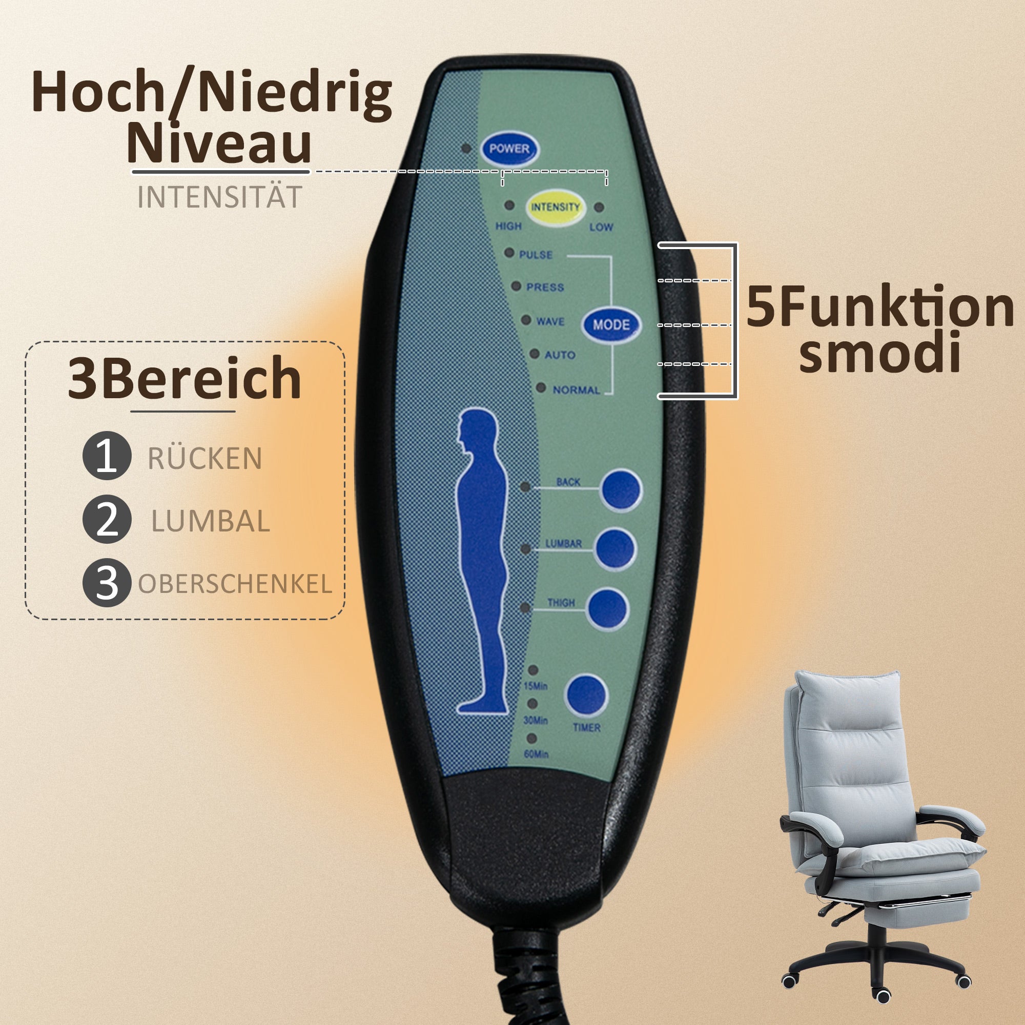 Vinsetto Massage-Bürostuhl, Schreibtischsessel mit Massagefunktion, höhenverstellbarer, ergonomischer Drehstuhl, Nylon, Hellgrau