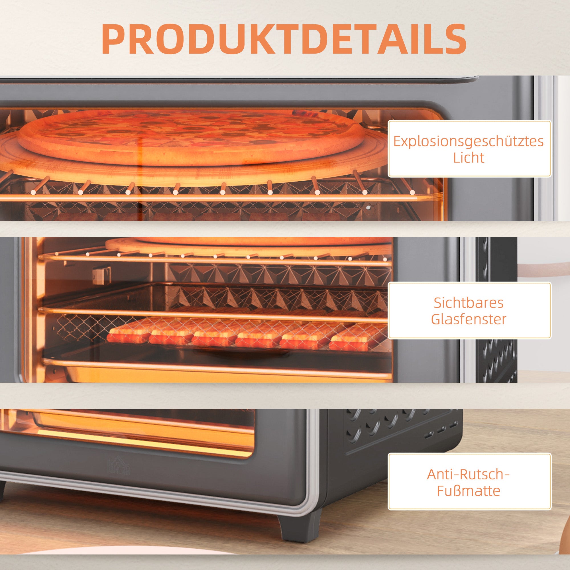 HOMCOM Minibackofen, 20L, 5 Funktionen, 360° Heißluft, Grillrost, Krümelblech, Grau