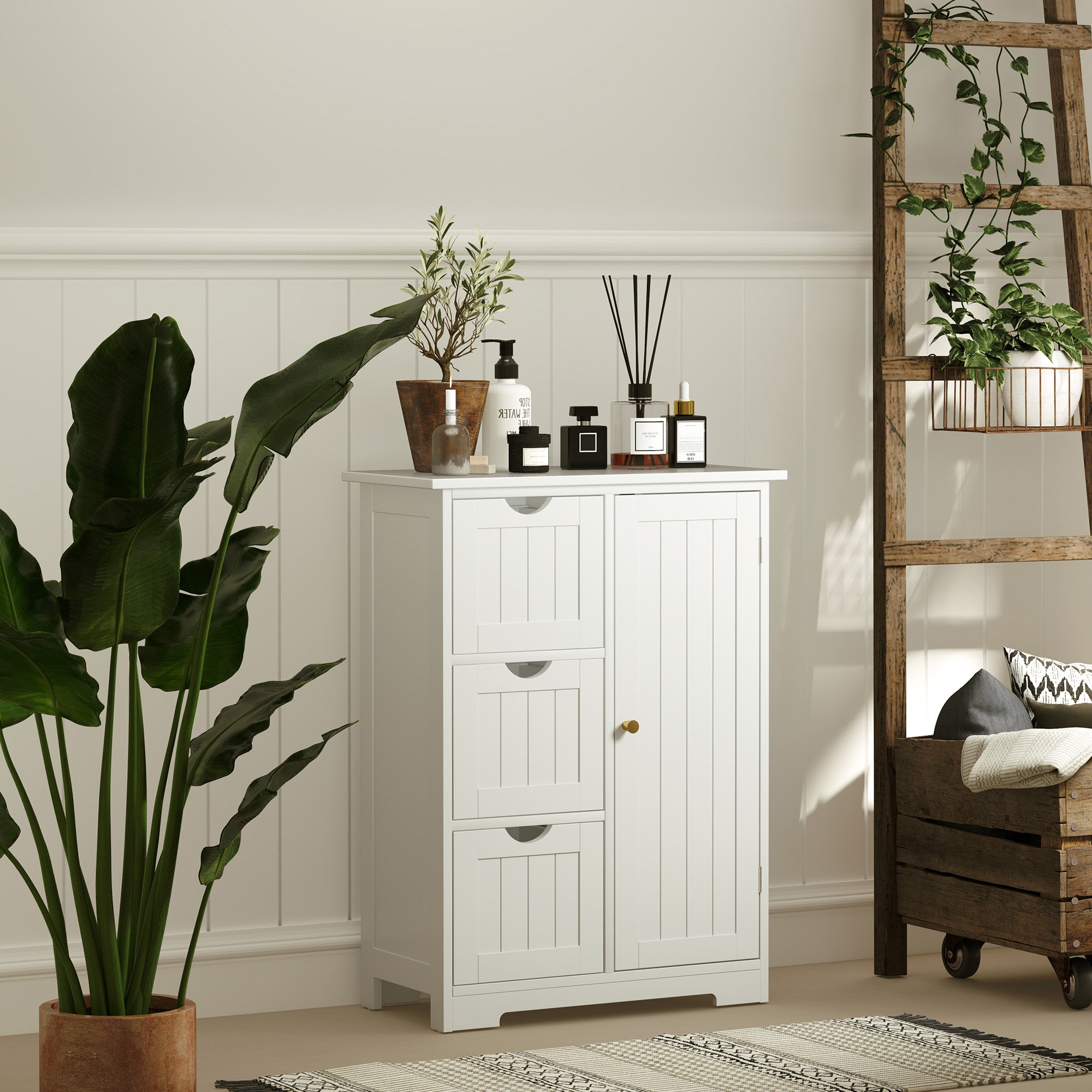 HOMCOM Badezimmerschrank, Badkommode, 3 Schubladen, Regal, MDF, Weiß
