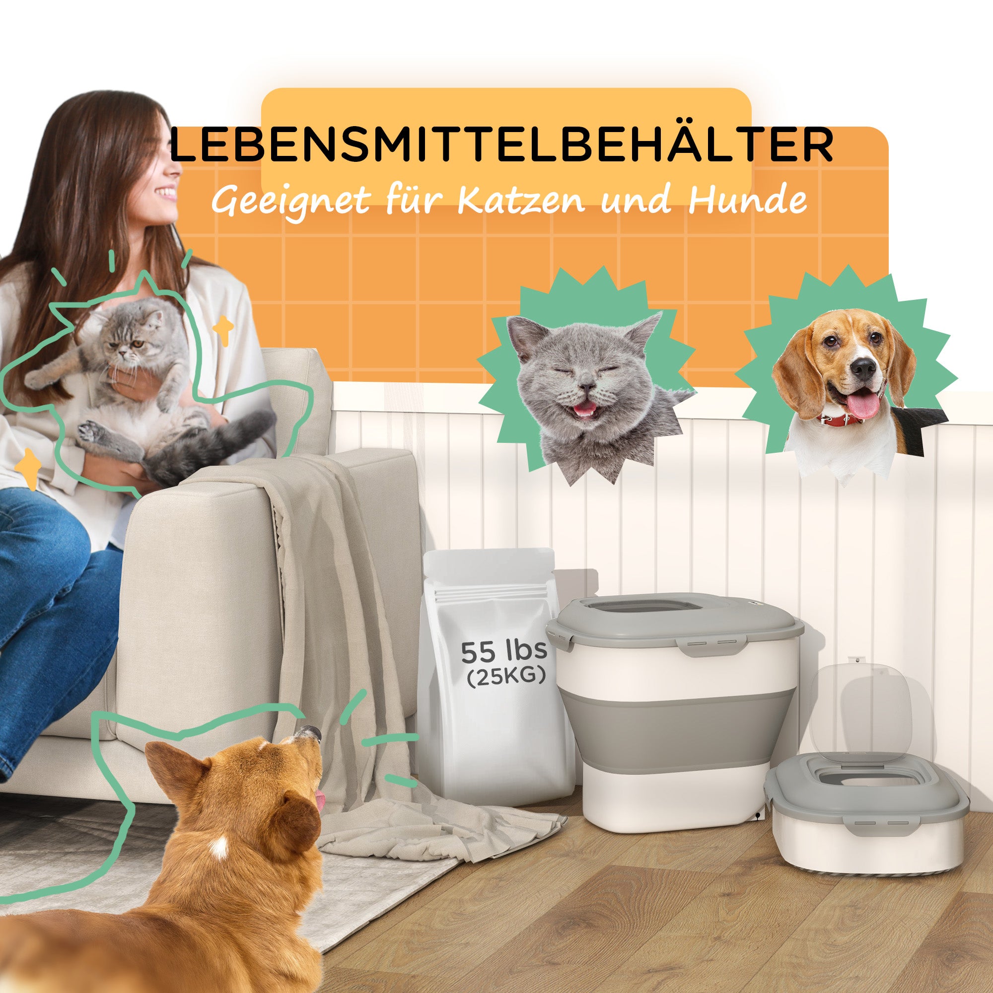 PawHut Trockenfutter-Behälter, faltbar, bis 25 kg, mit Zubehör, 44x32x37cm, Grau