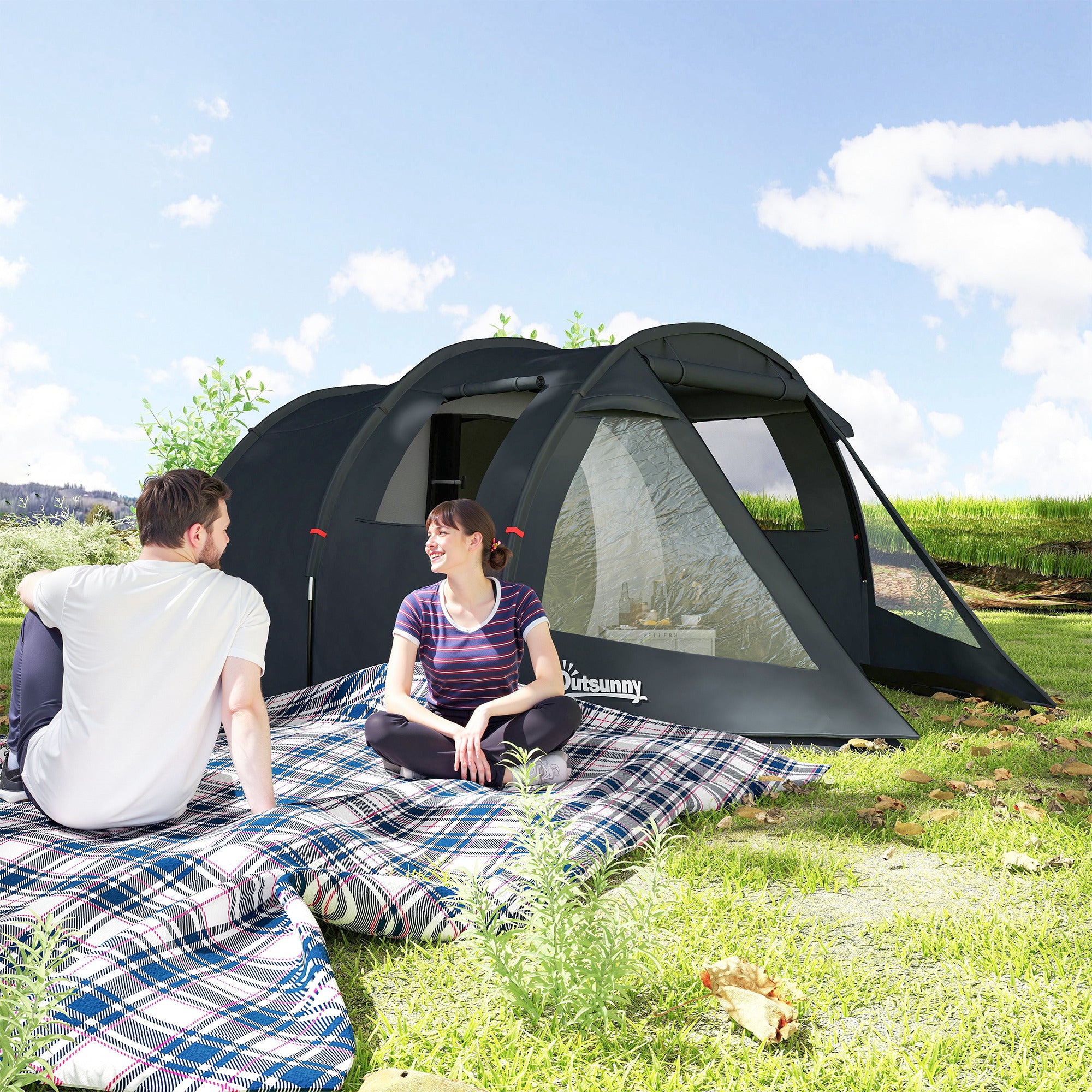 Outsunny Campingzelt Trekkingzelt Zelt, wetterbeständig, 2 Räume, 475 x 264 cm Breite x 172, Schwarz