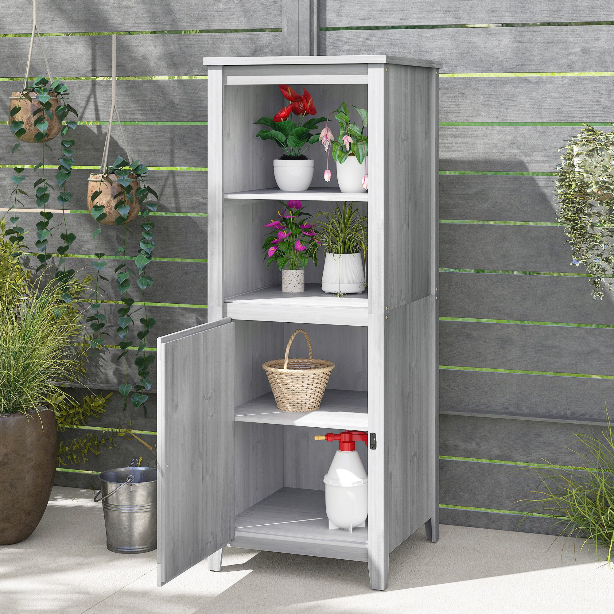 Outsunny Gartenschuppen mit Scheunentür, verstellbare Regale, schlankes Design, Tannenholz, Hellgrau