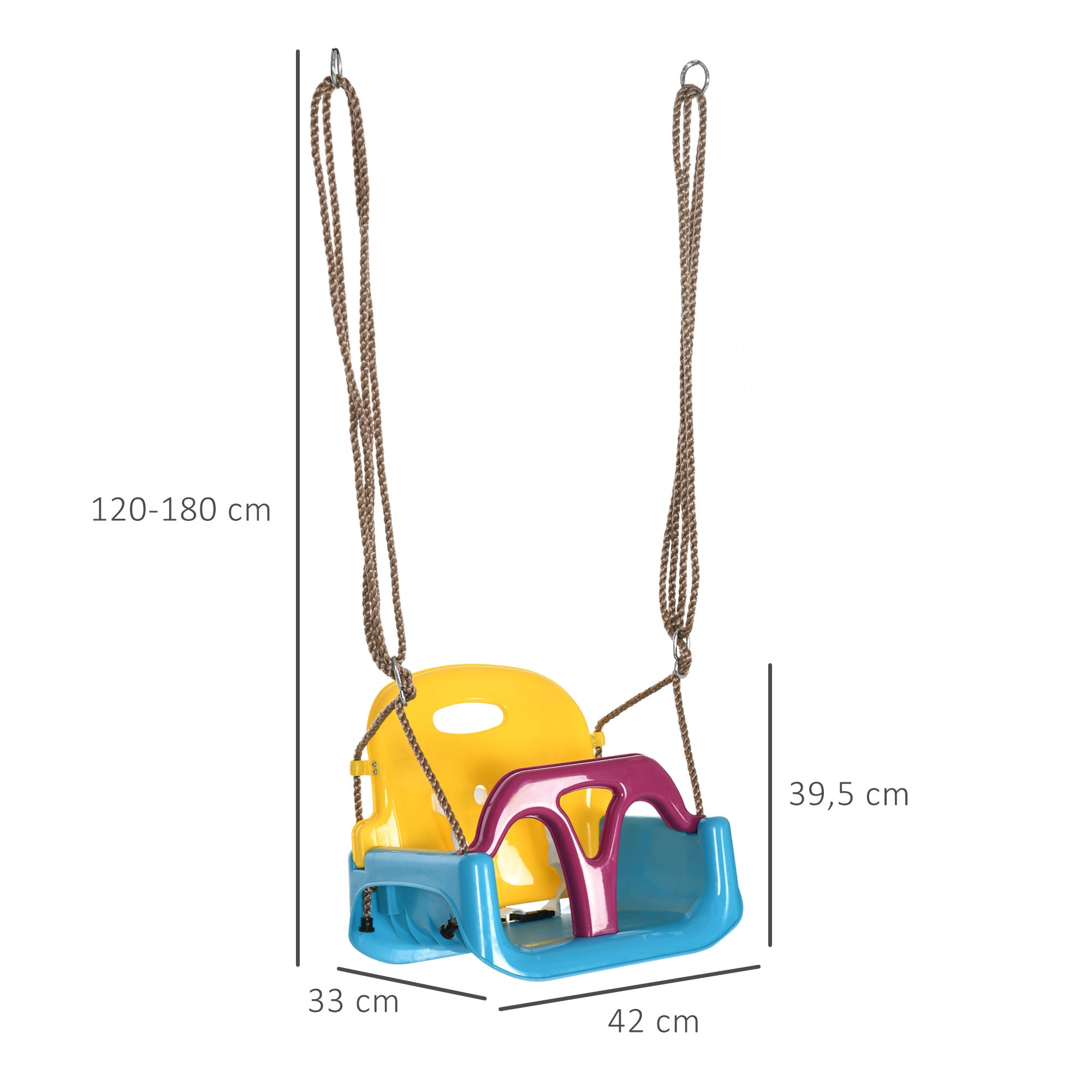 Outsunny 3-in-1 Kinderschaukel, höhenverstellbar, abnehmbare Rücklehne, für In- und Outdoor, blau+gelb, 42 x 33 x 180 cm