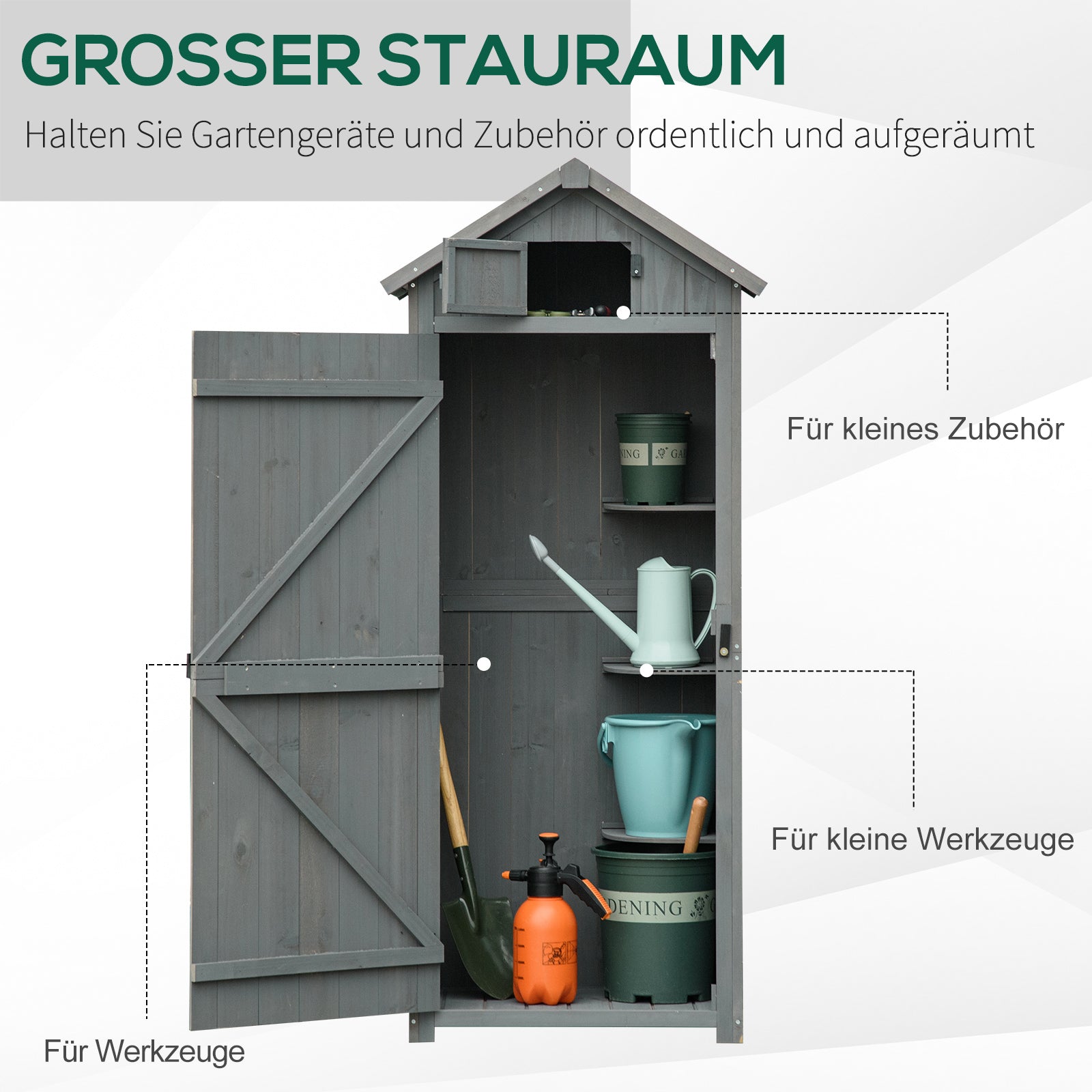 Outsunny Gartenschrank Holz, Geräteschuppen wetterfest 77x54,2x179cm, Gerätehaus mit Tür, Satteldach, Geräteschrank mit Böden, Werkzeugschrank Gartenschuppen für Garten, Terrasse, Grau+Grün