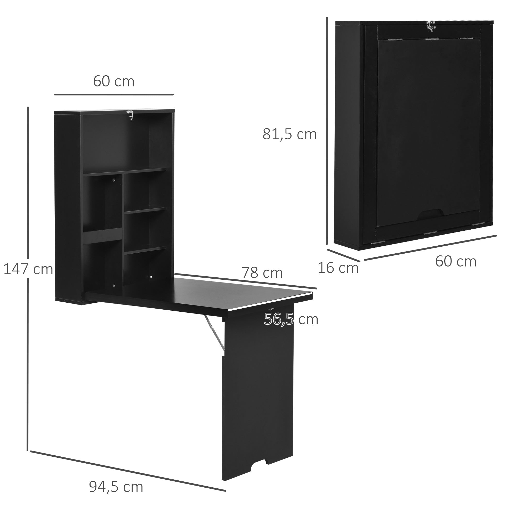 HOMCOM Wandklapptisch Wandschreibtisch, inkl. Schreibtafel, 60 cm x 94,5 cm x 147 cm, Schwarz